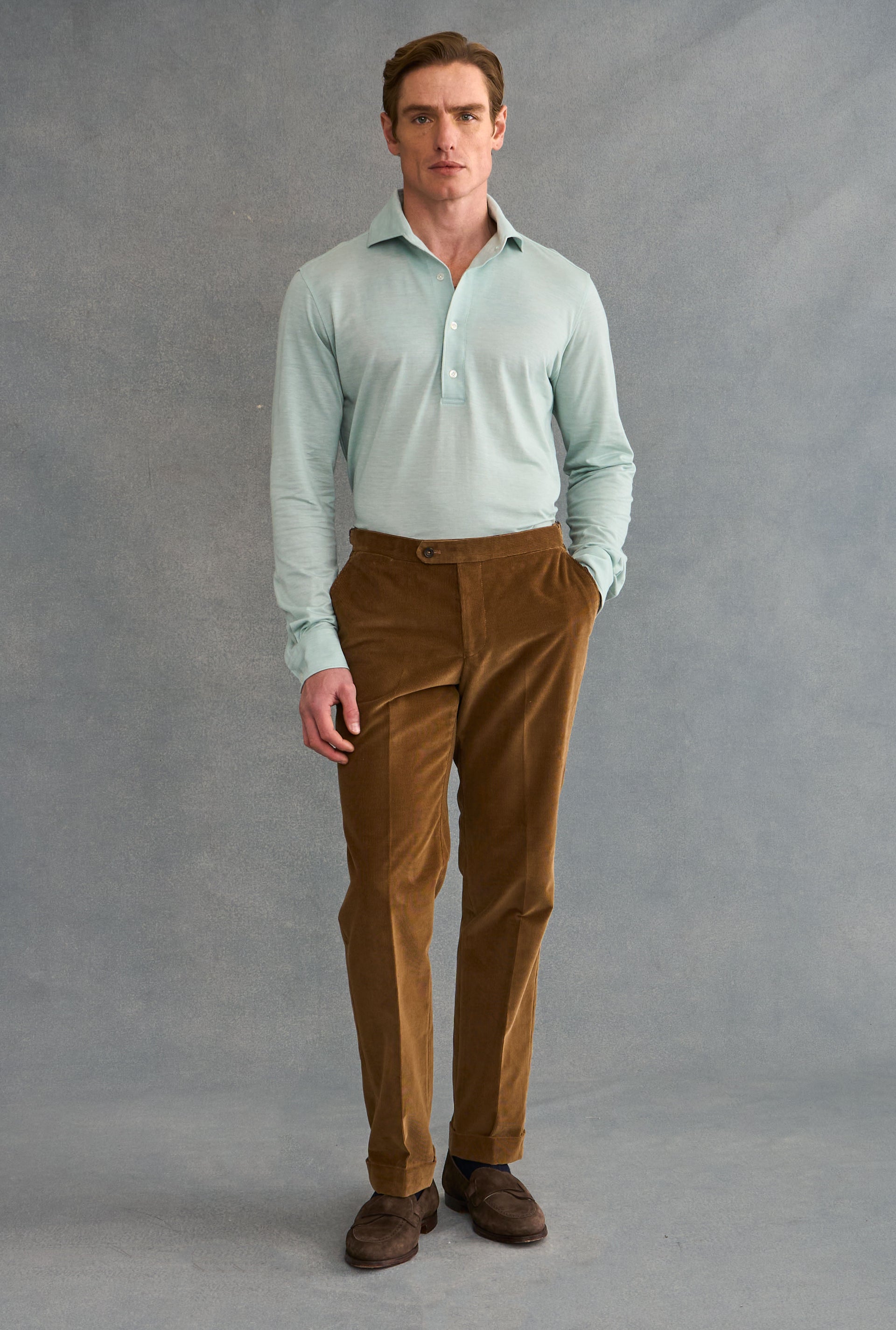 Light Blue One Piece Collar Cotton & Cashmere Popover Shirt