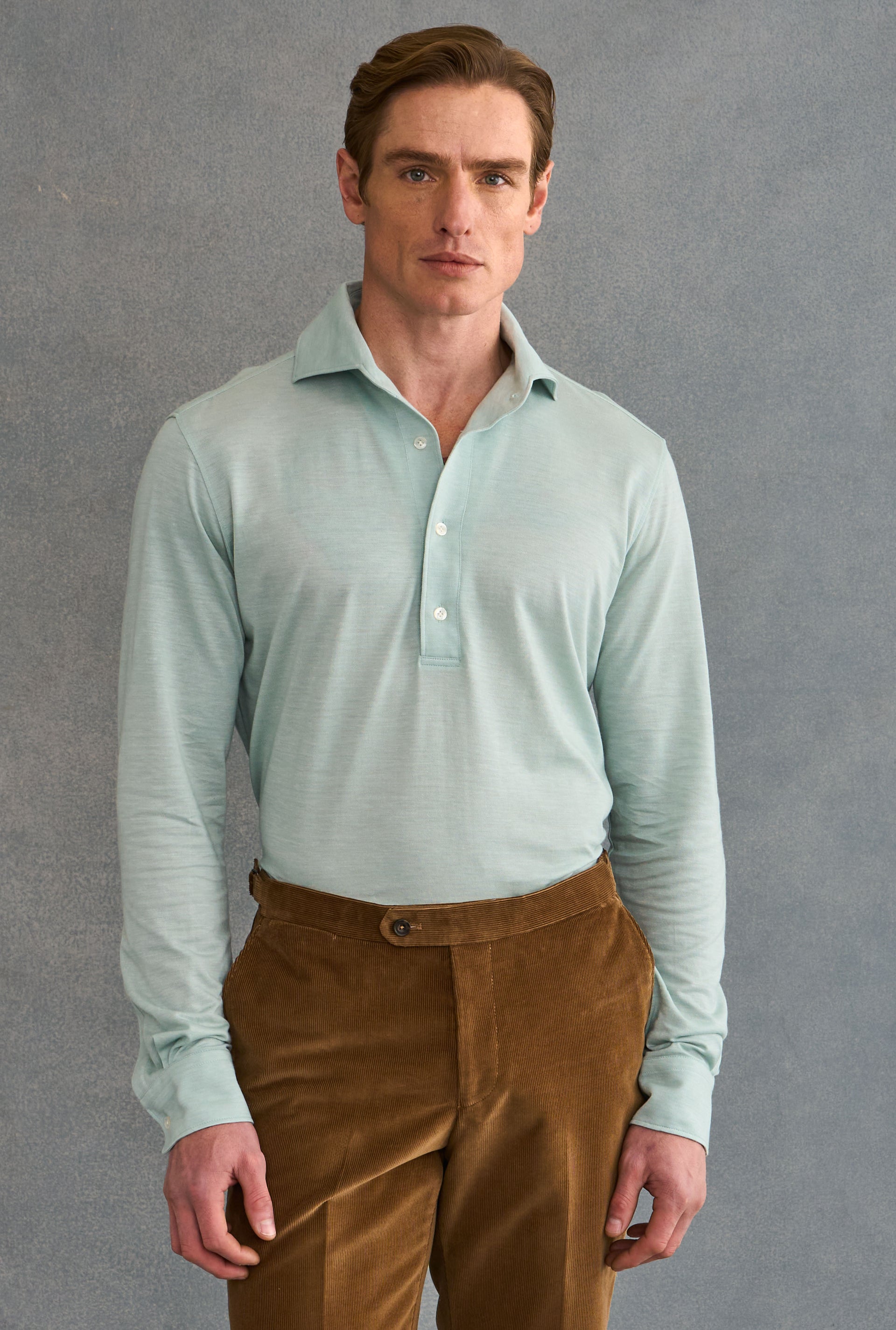 Light Blue One Piece Collar Cotton & Cashmere Popover Shirt