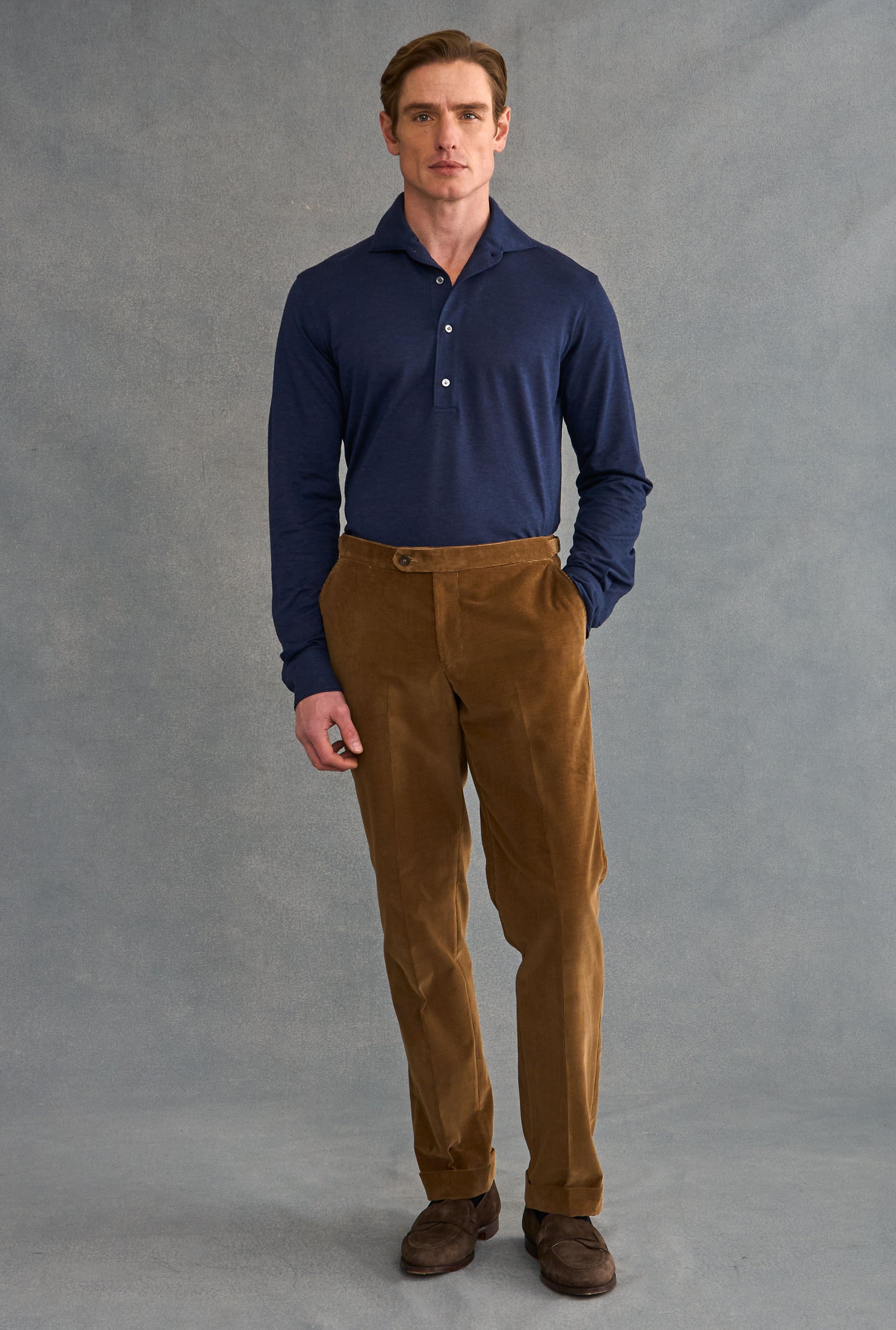 Navy One Piece Collar Cotton & Cashmere Popover Shirt