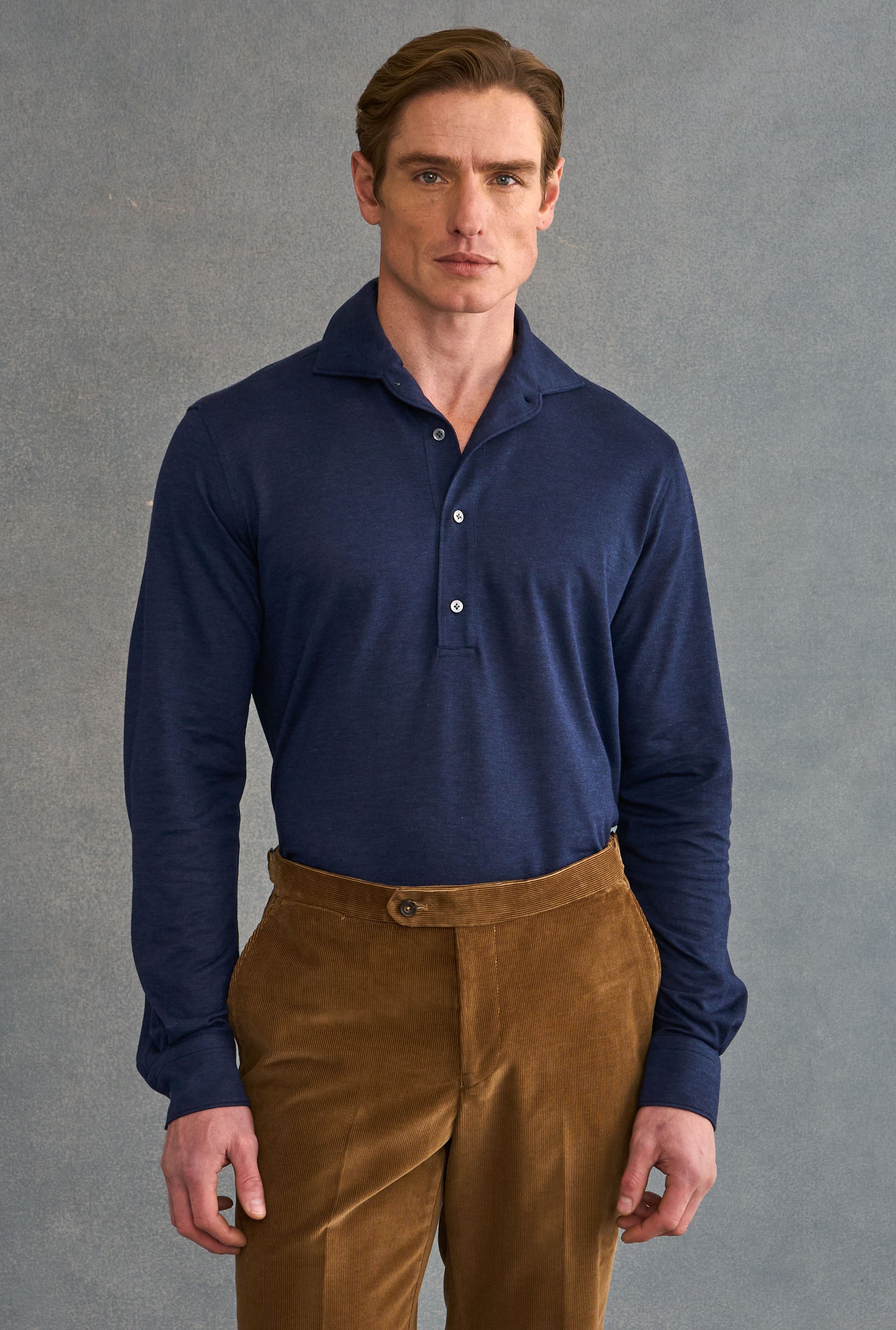 Navy One Piece Collar Cotton & Cashmere Popover Shirt