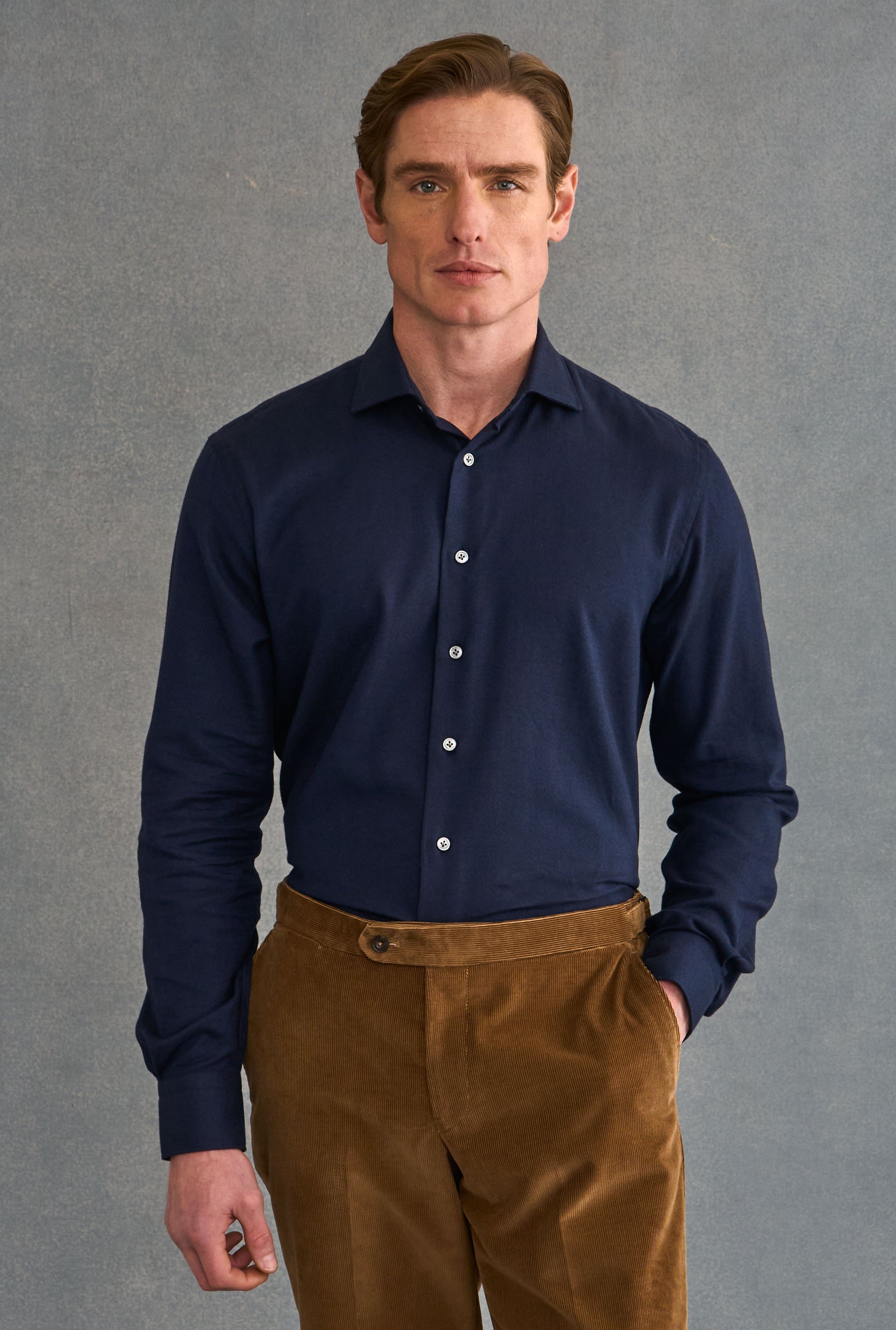 Navy One Piece Collar Cotton & Cashmere Popover Shirt