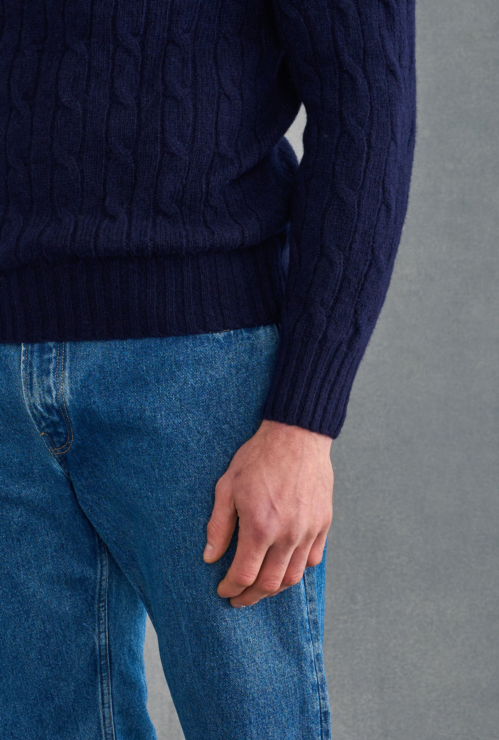 Navy Lambswool Cable Knit Crew Neck Jumper