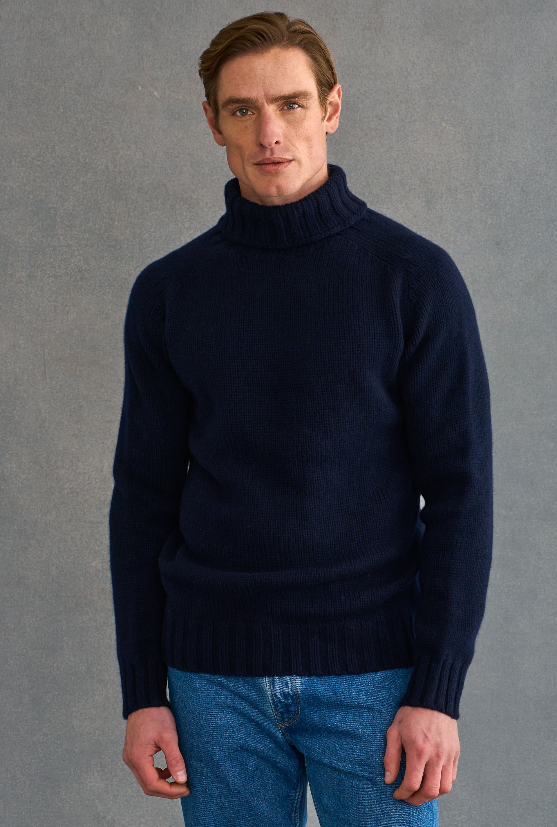 Navy Lambswool Roll Neck Jumper