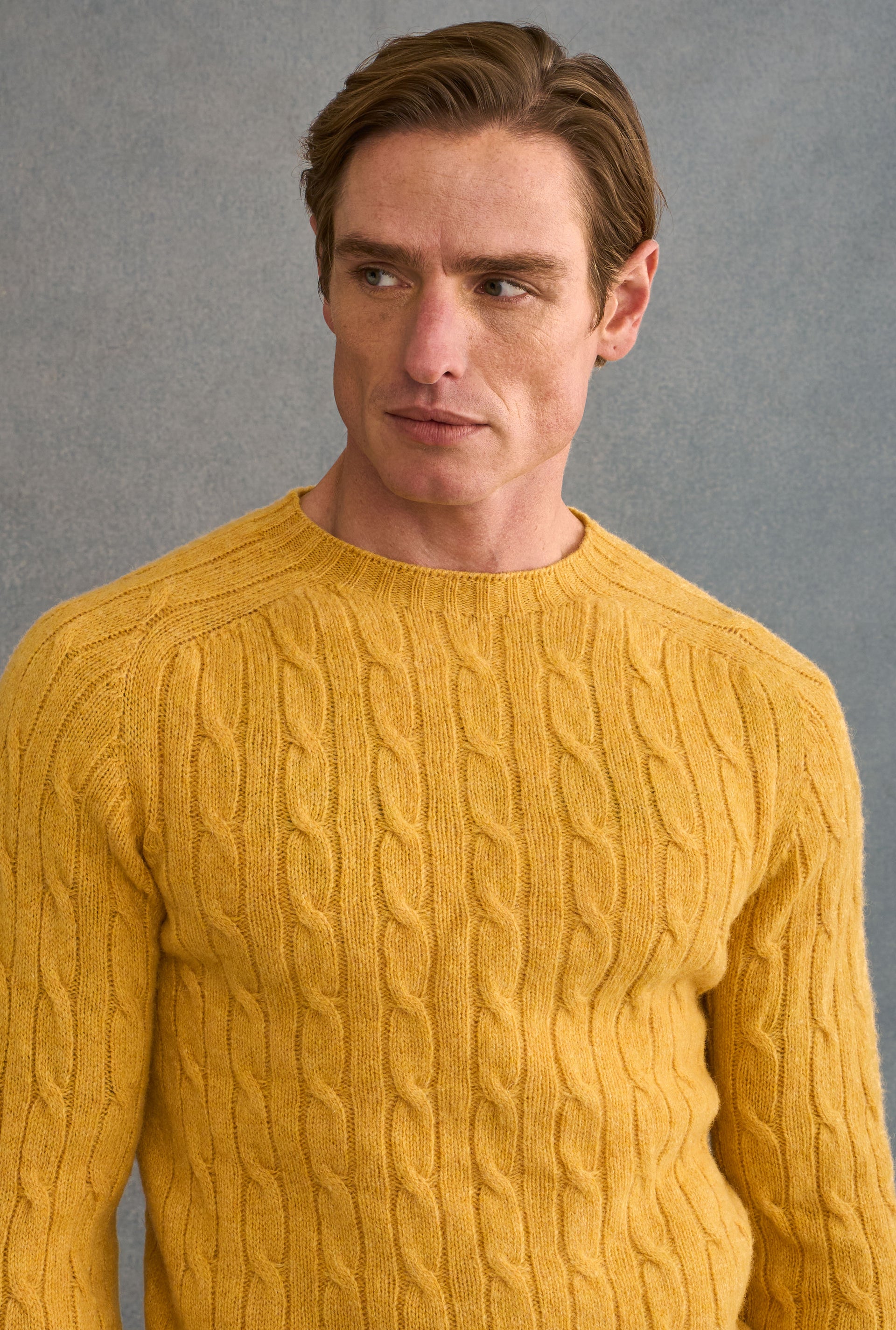 Yellow Lambswool Cable Knit Crew Neck Jumper
