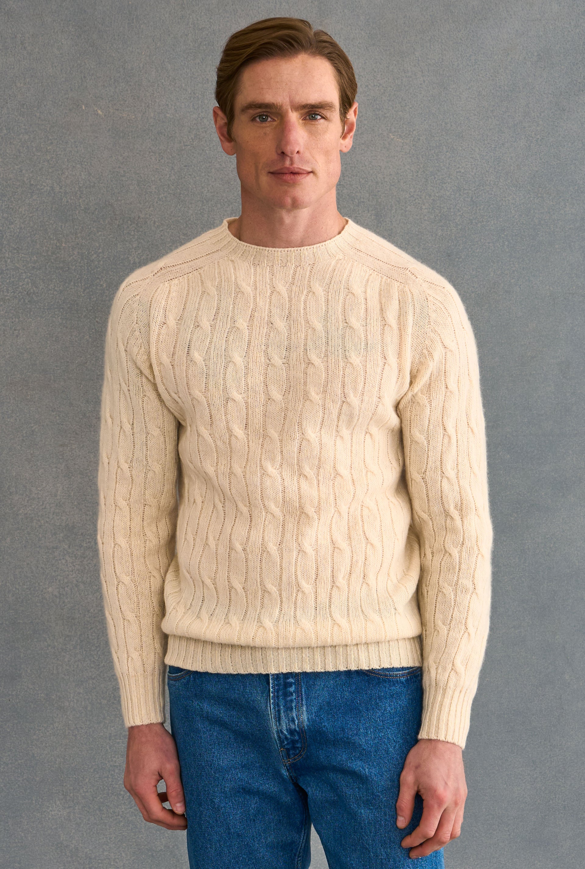 Cream Lambswool Cable Knit Crew Neck Jumper