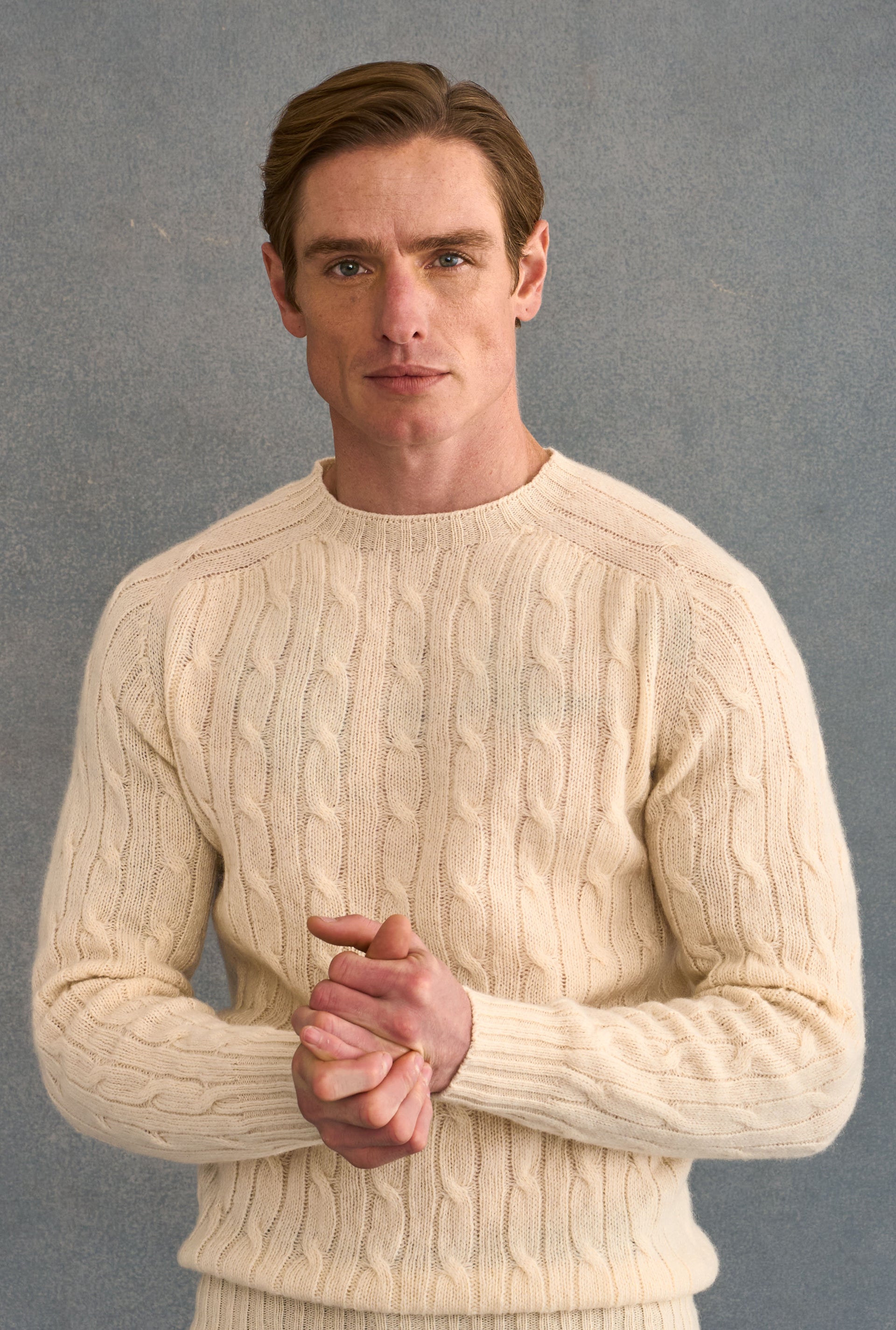 Cream Lambswool Cable Knit Crew Neck Jumper