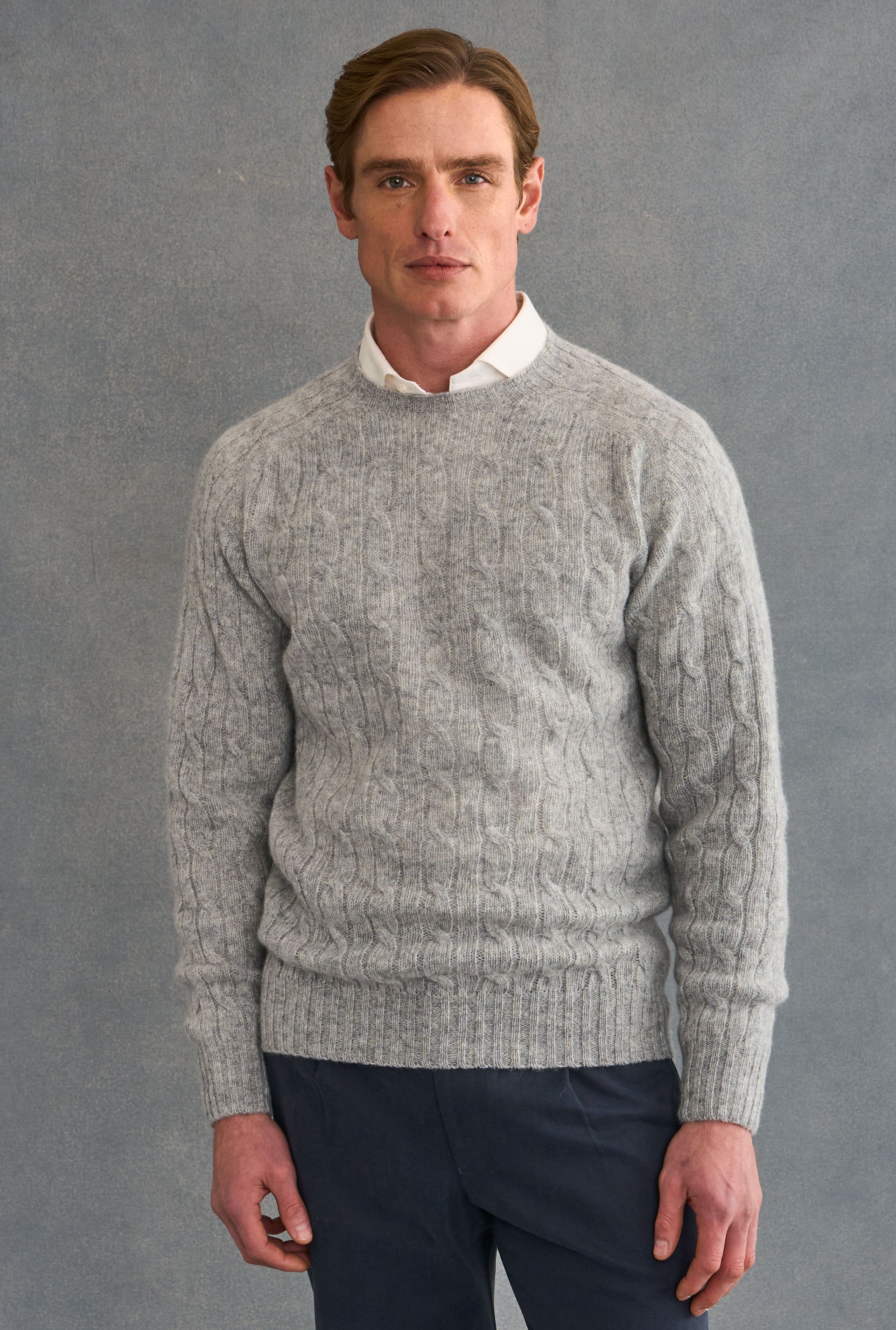 Silver Lambswool Cable Knit Crew Neck Jumper
