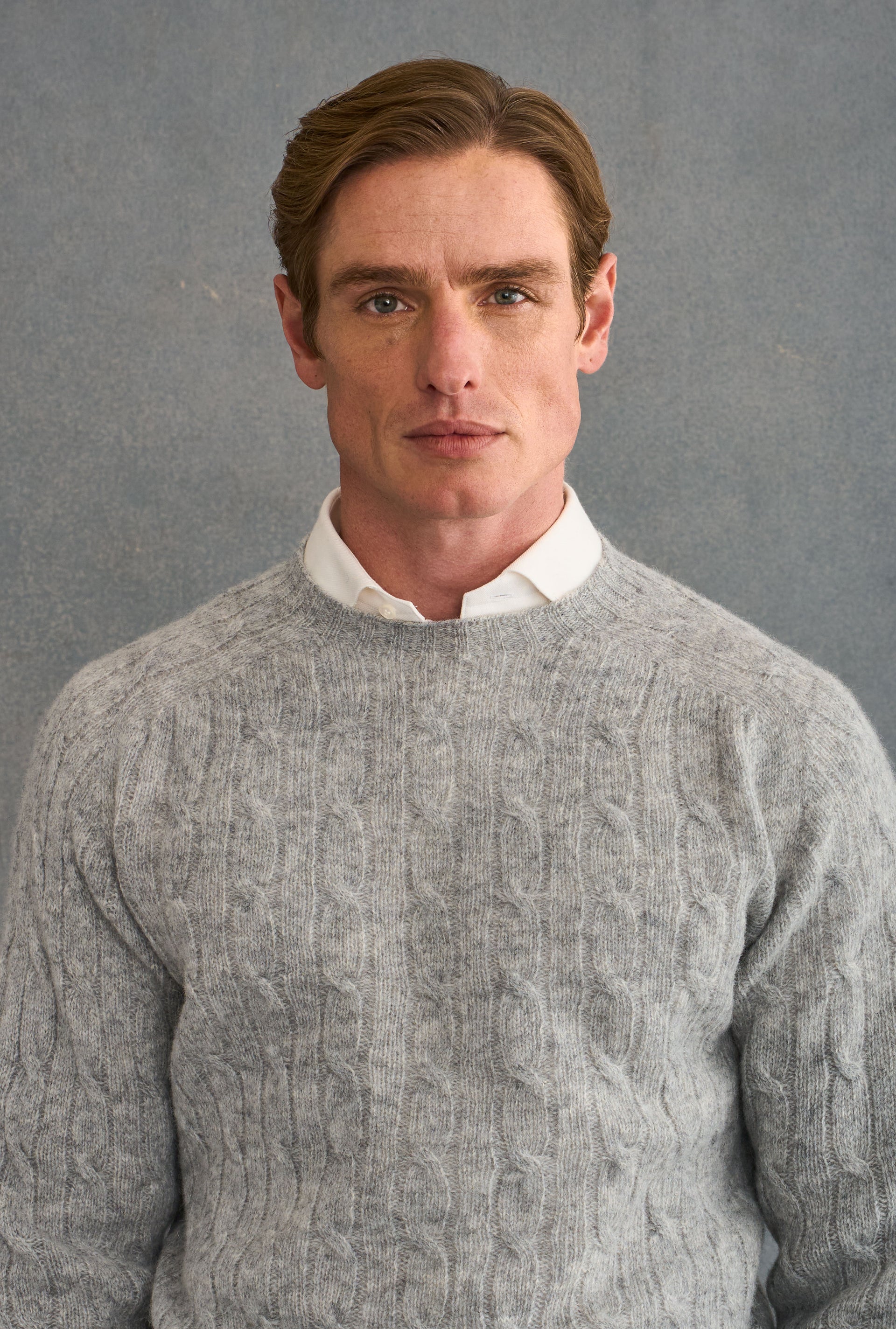 Silver Lambswool Cable Knit Crew Neck Jumper