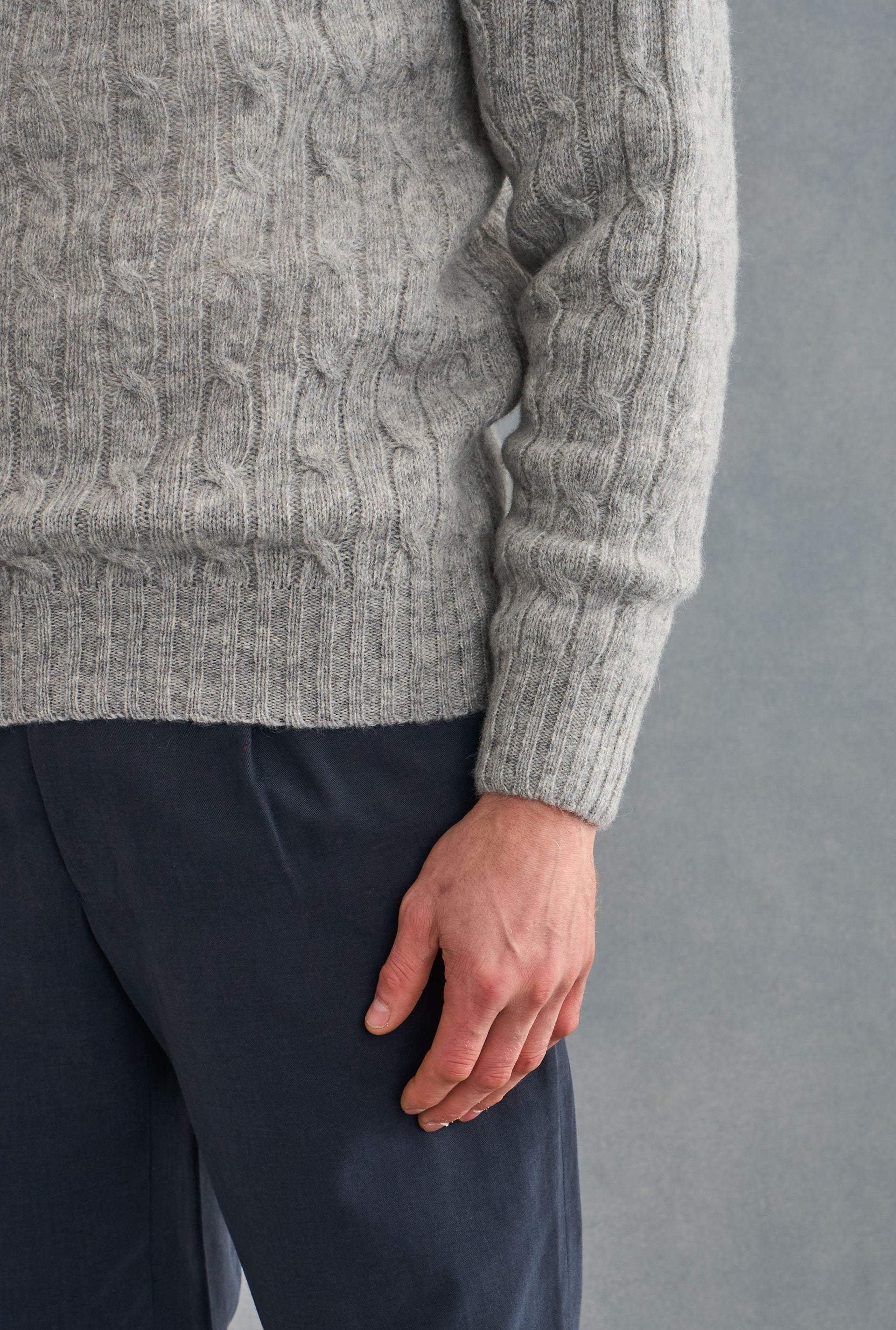 Silver Lambswool Cable Knit Crew Neck Jumper