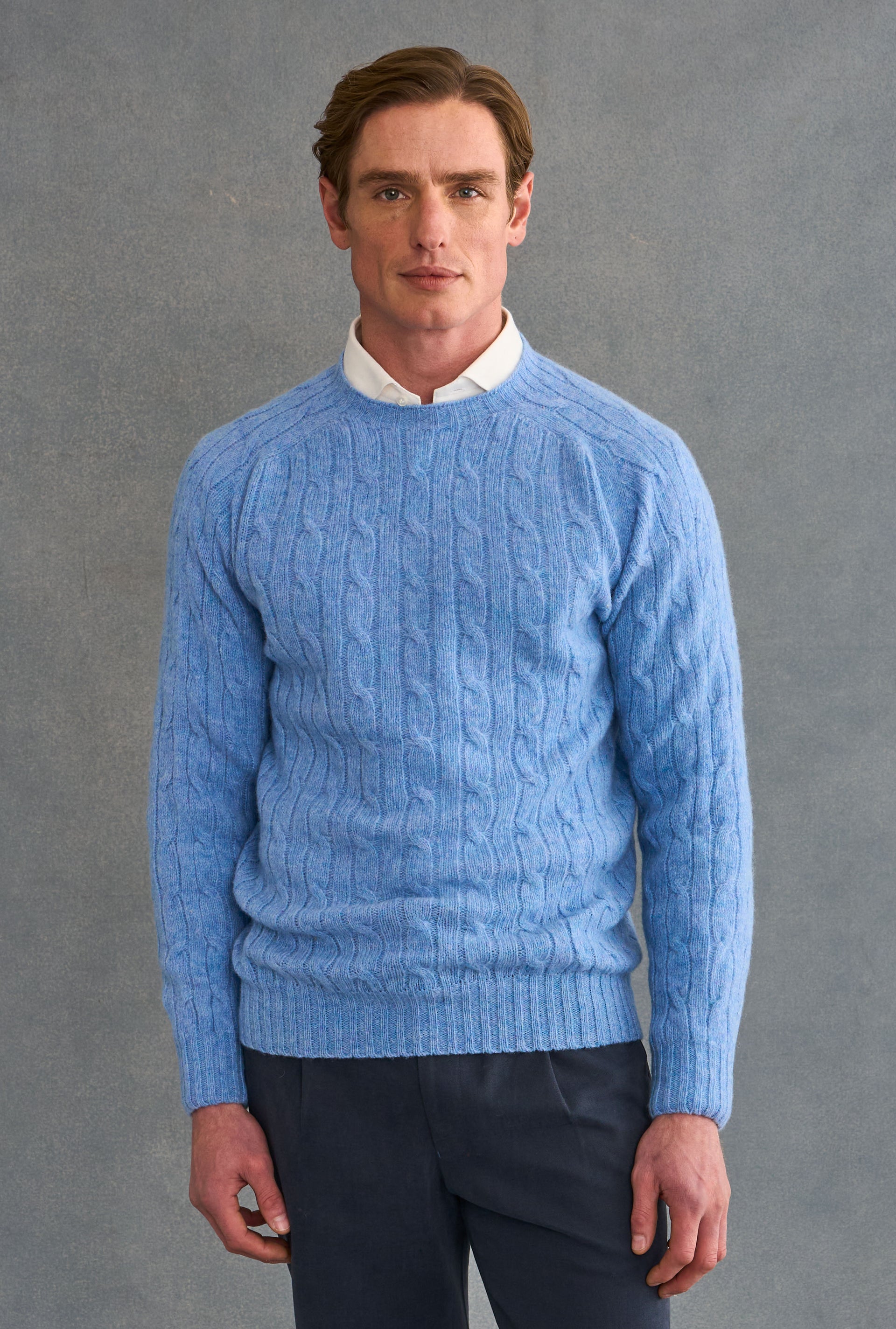 Light Blue Lambswool Cable Knit Crew Neck Jumper