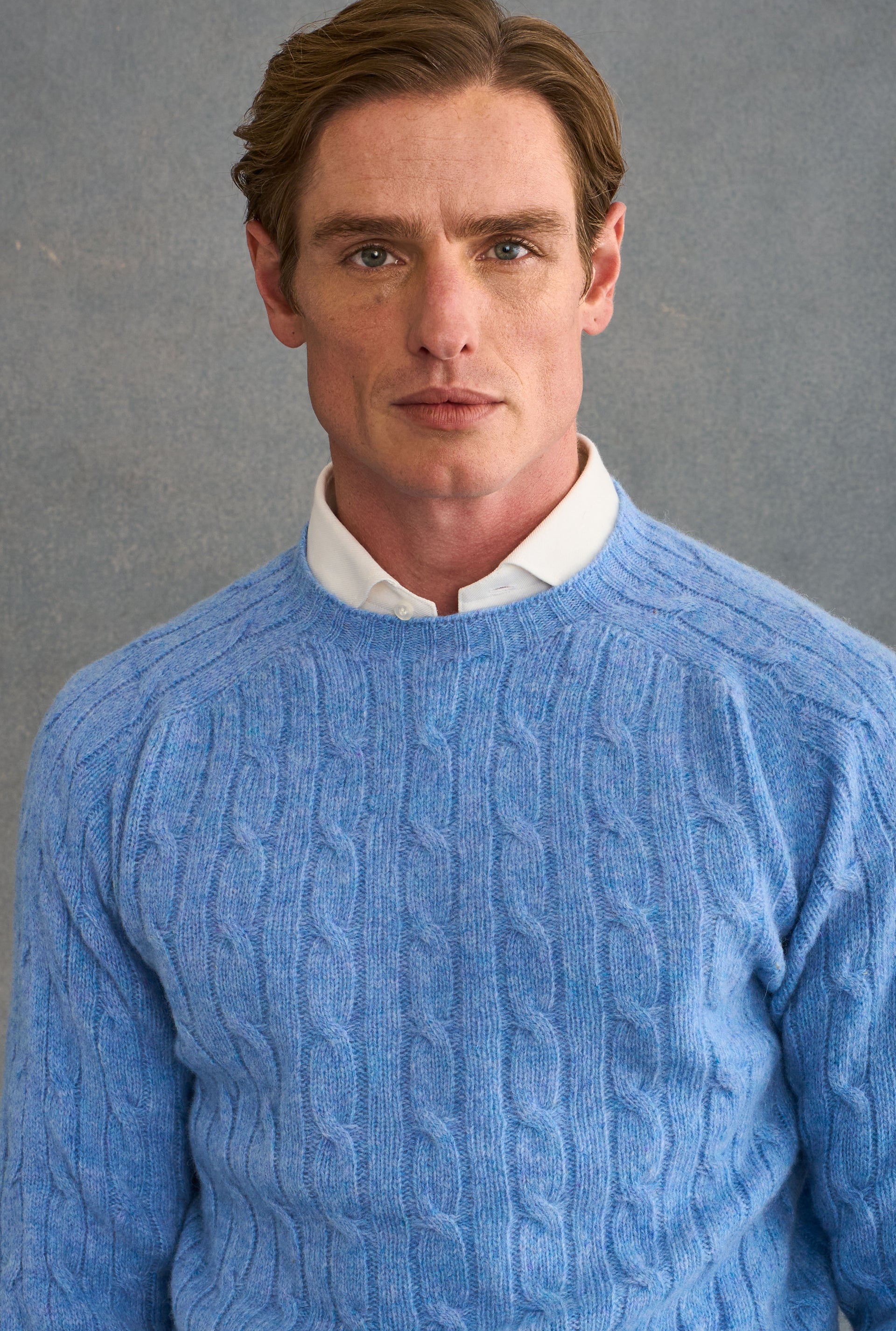 Light Blue Lambswool Cable Knit Crew Neck Jumper