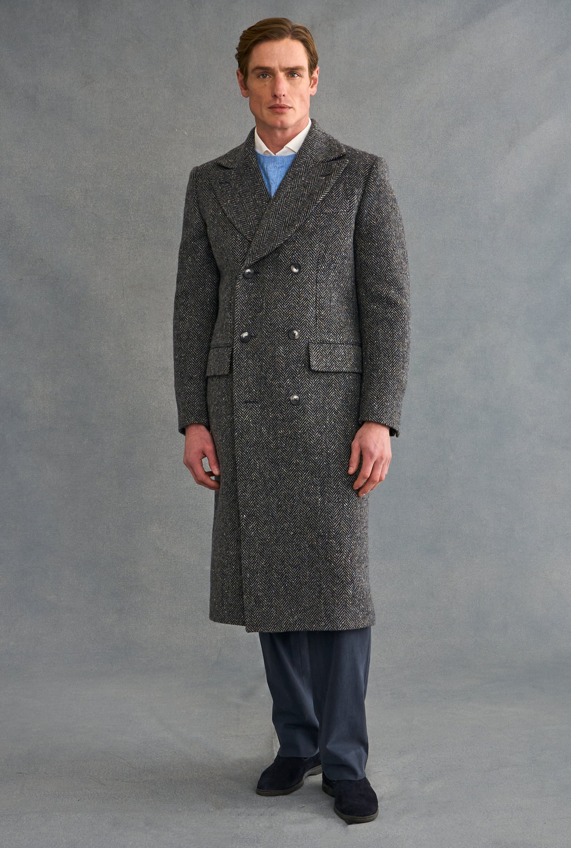 Grey Herringbone Double Breasted Wool Coat