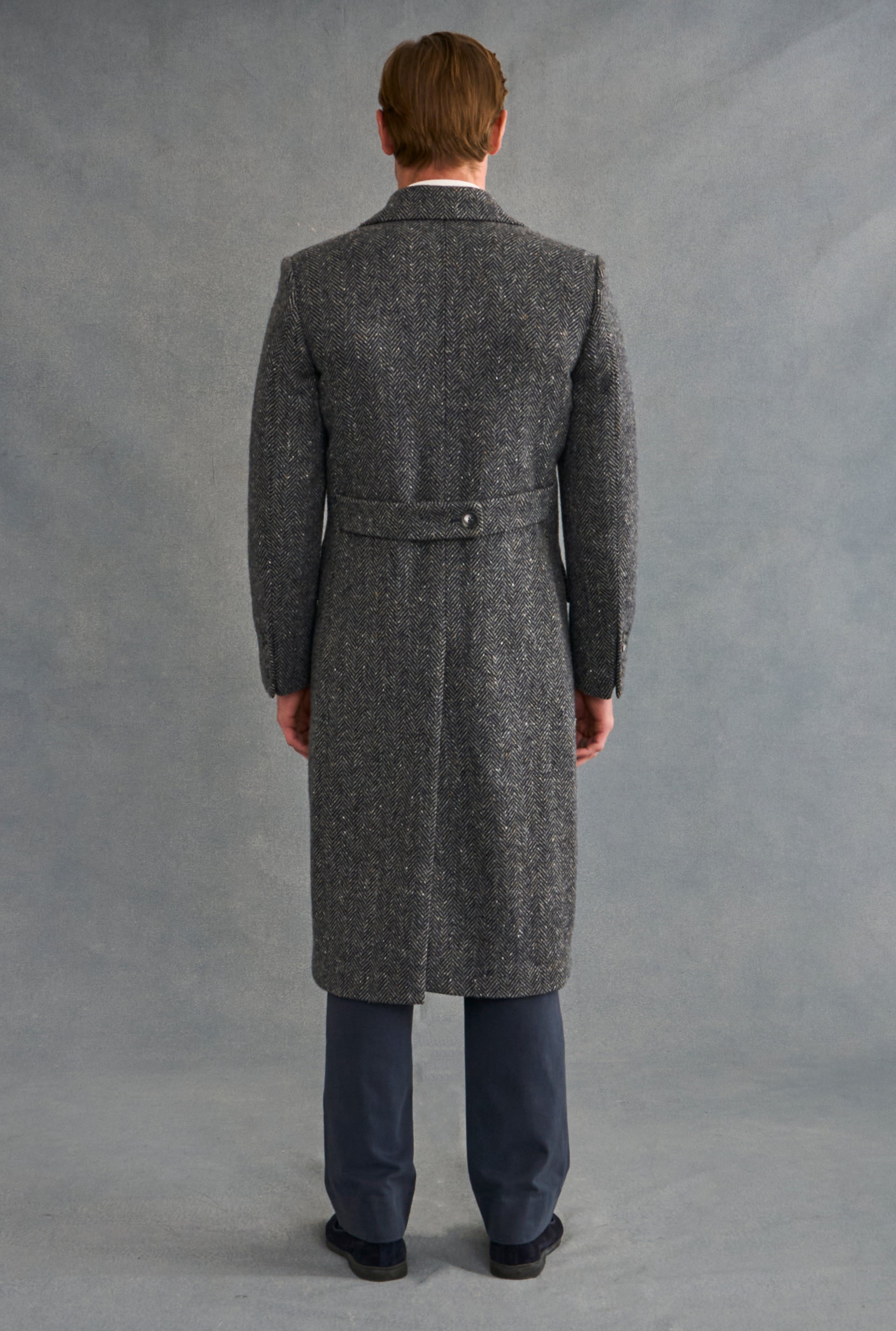 Grey Herringbone Double Breasted Wool Overcoat
