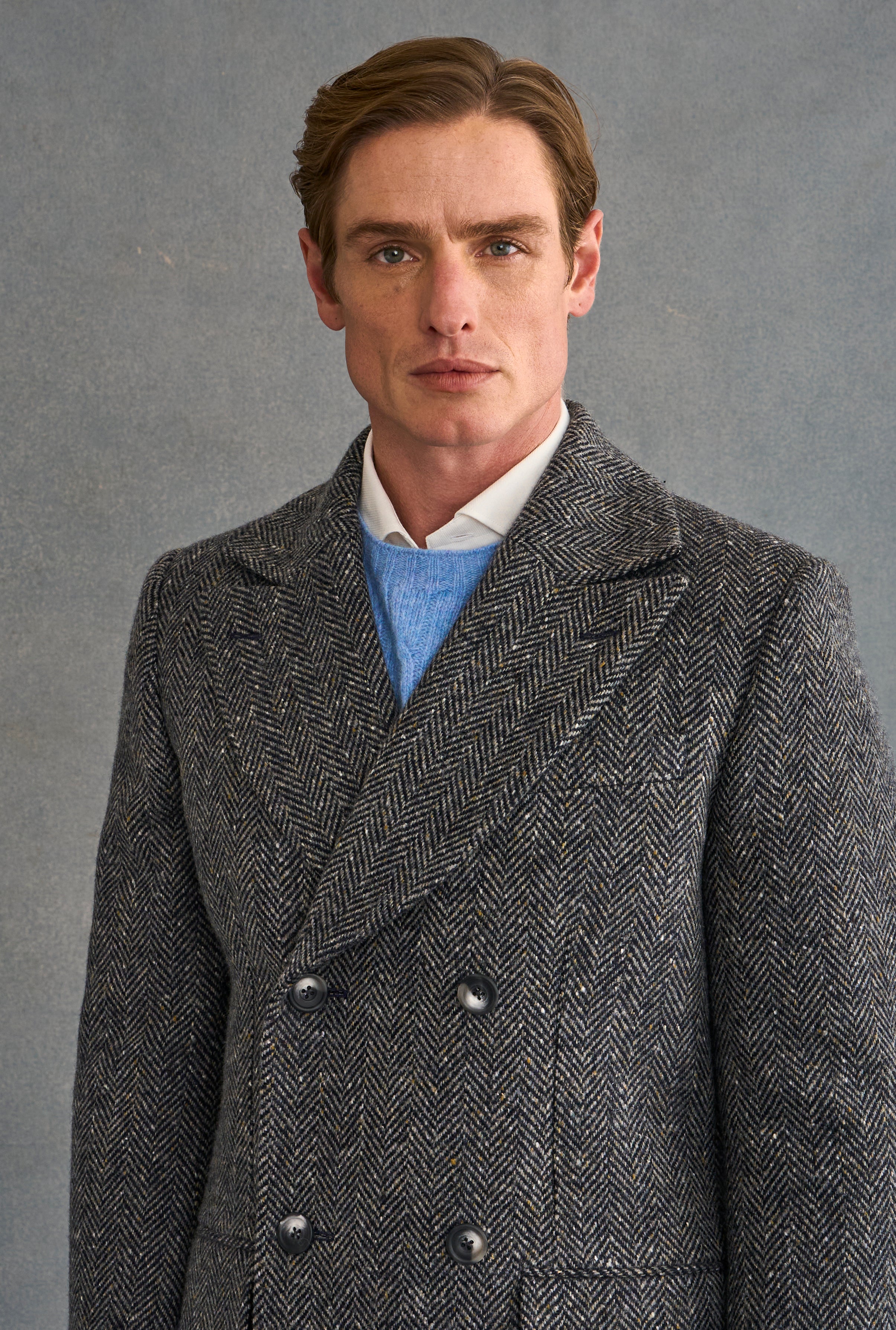Grey Herringbone Double Breasted Wool Overcoat – New and Lingwood