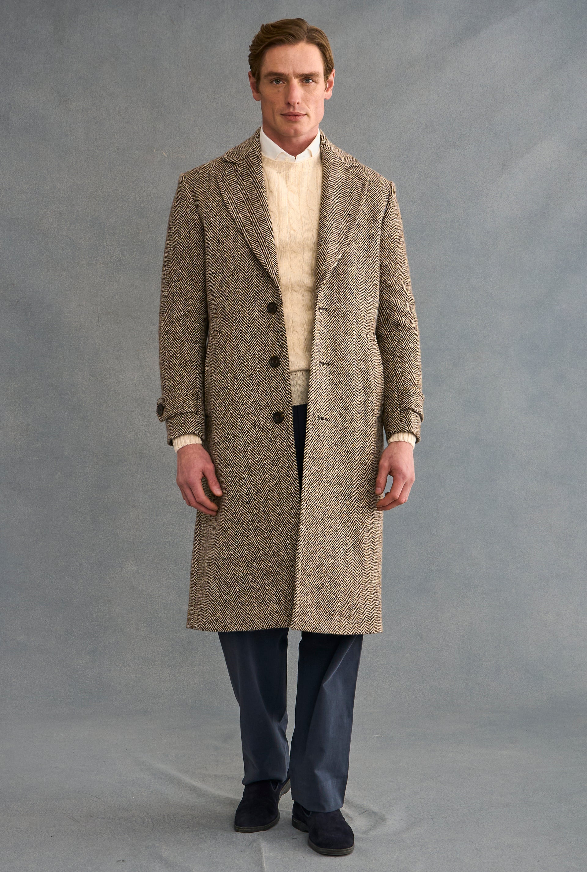 Brown & Cream Herringbone Single Breasted Wool Coat