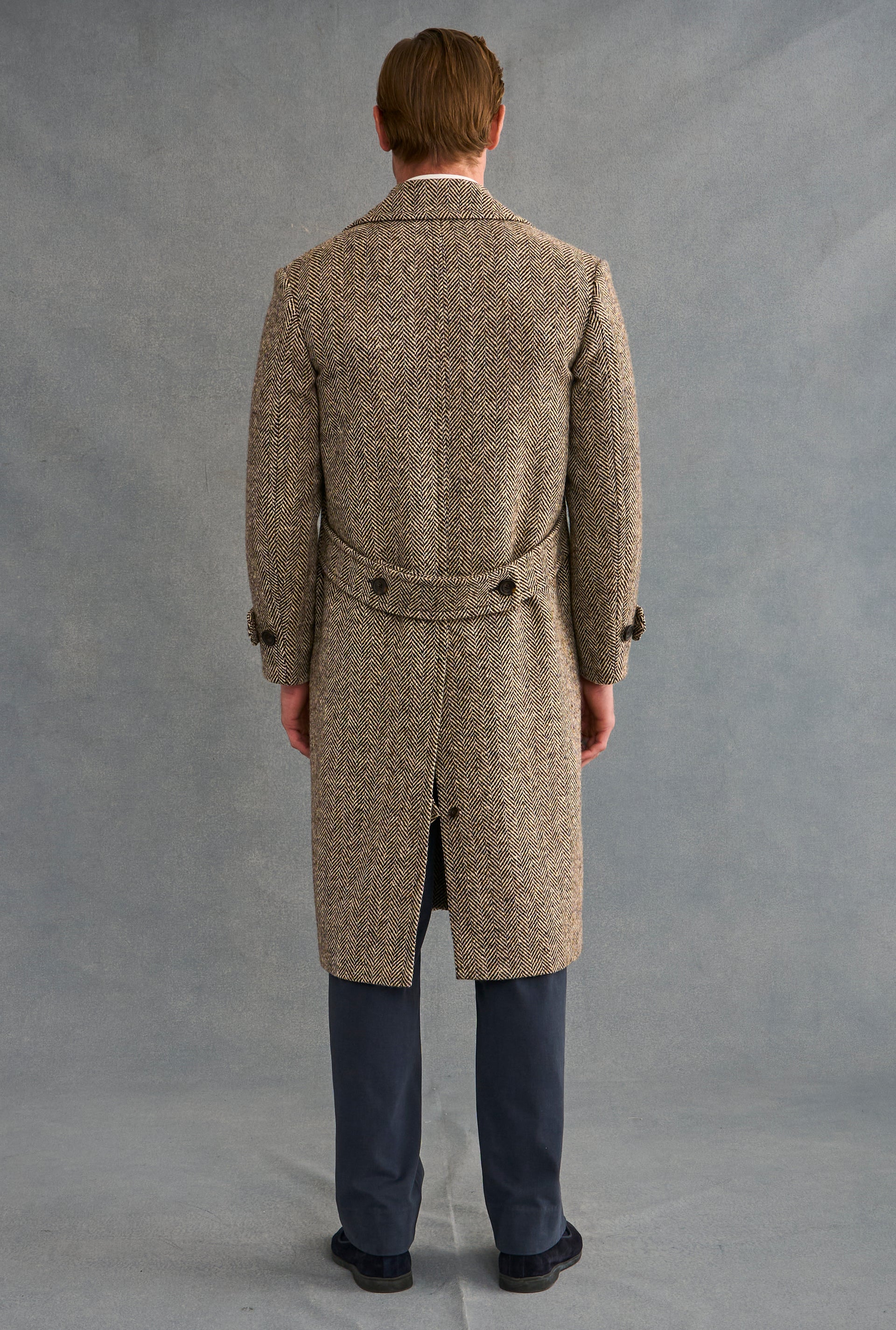 Brown & Cream Herringbone Single Breasted Wool Coat