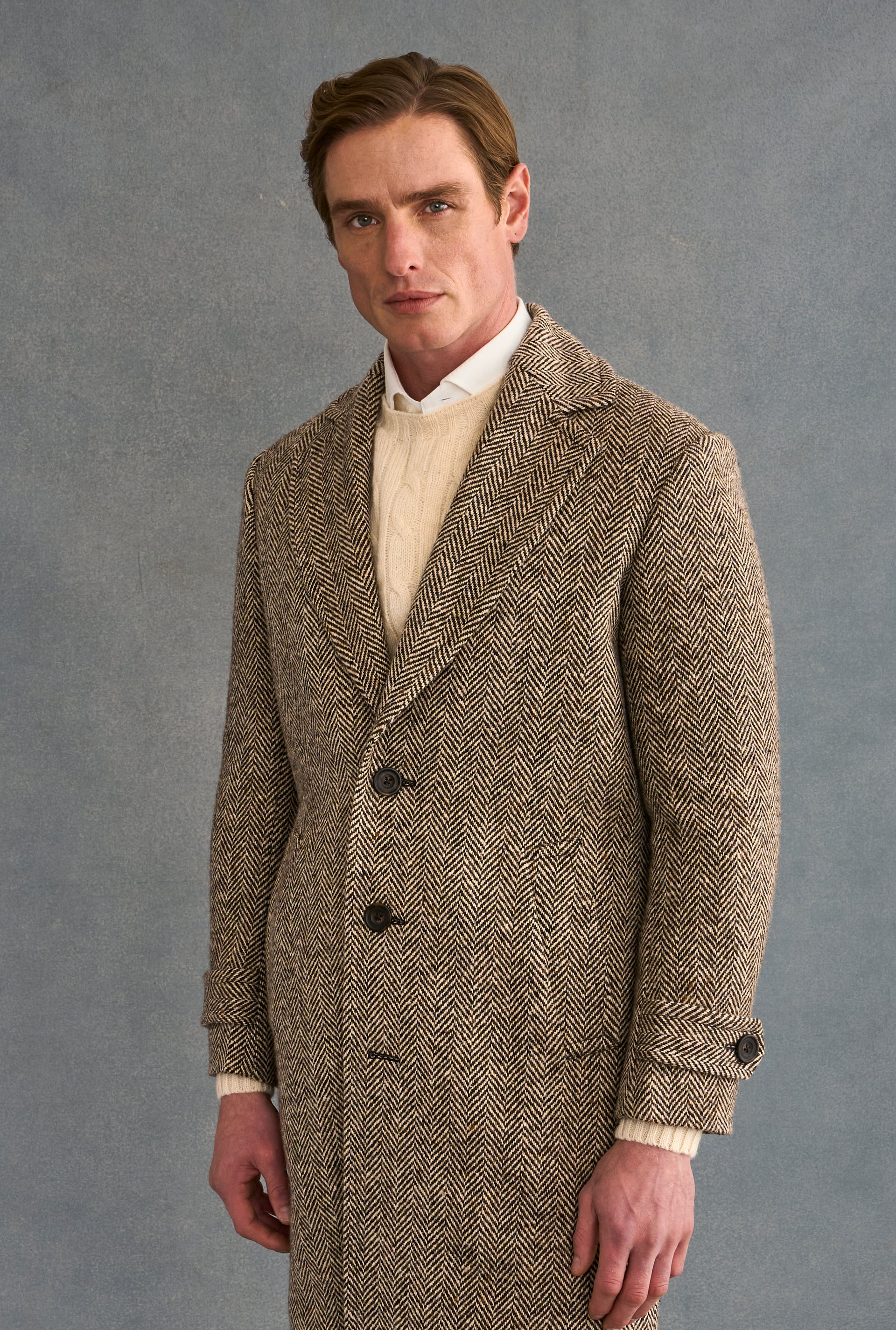 Brown & Cream Herringbone Single Breasted Wool Coat