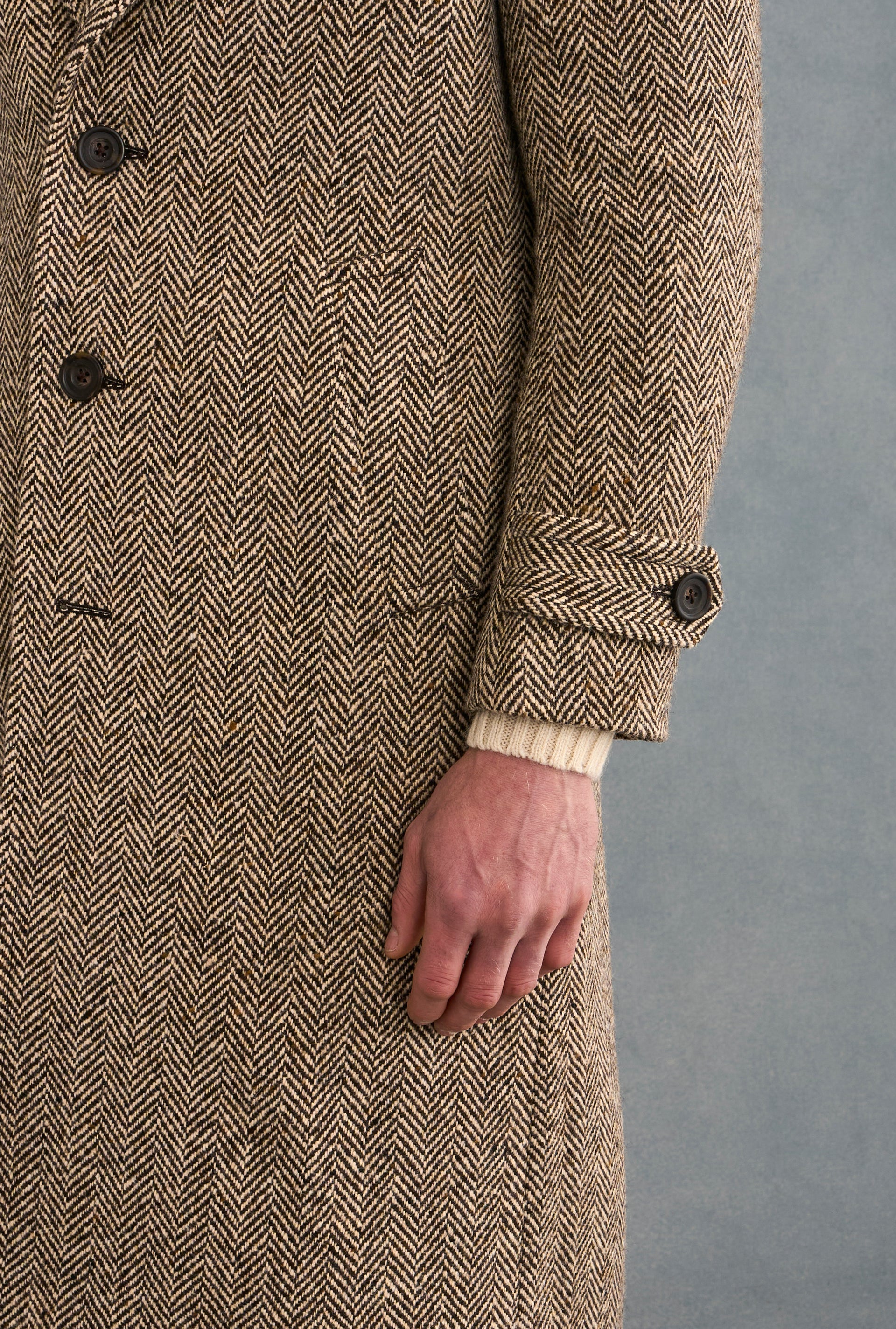 Brown & Cream Herringbone Single Breasted Wool Coat