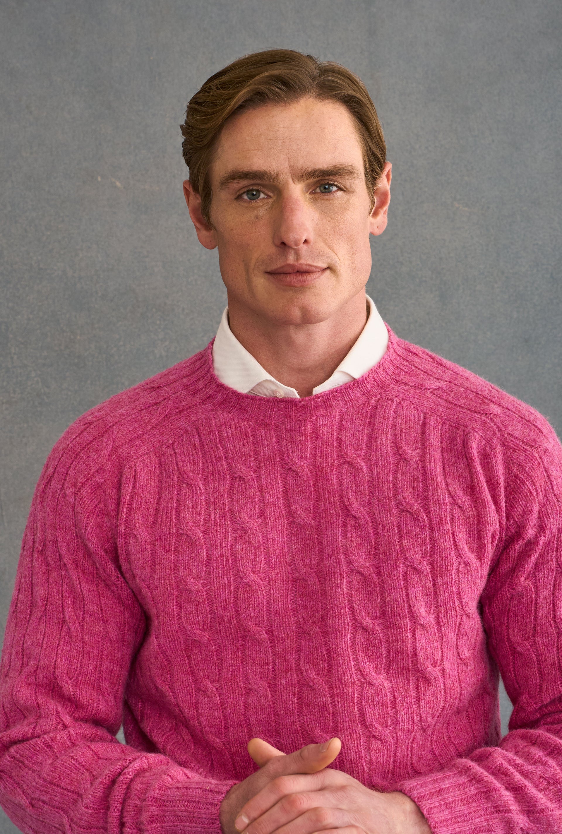 Pink Lambswool Cable Knit Crew Neck Jumper
