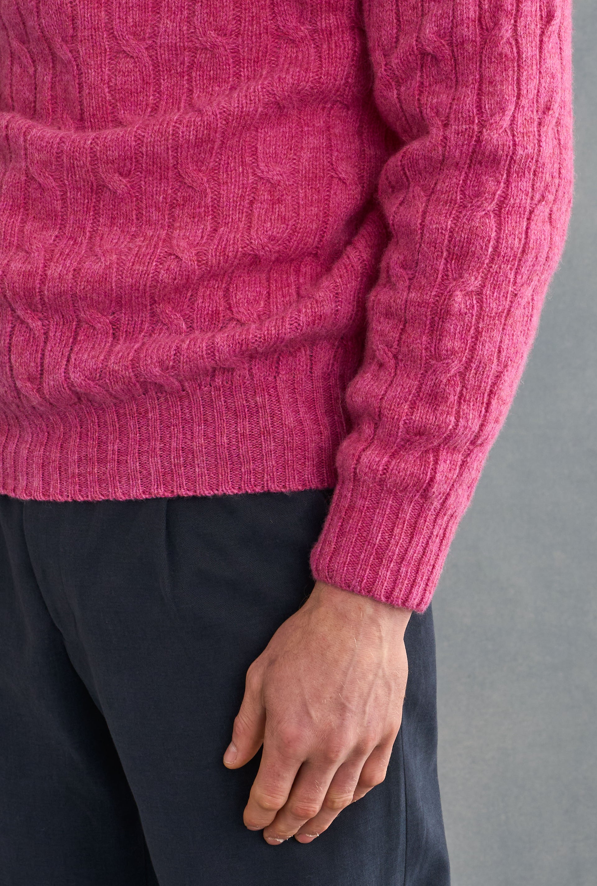 Pink Lambswool Cable Knit Crew Neck Jumper
