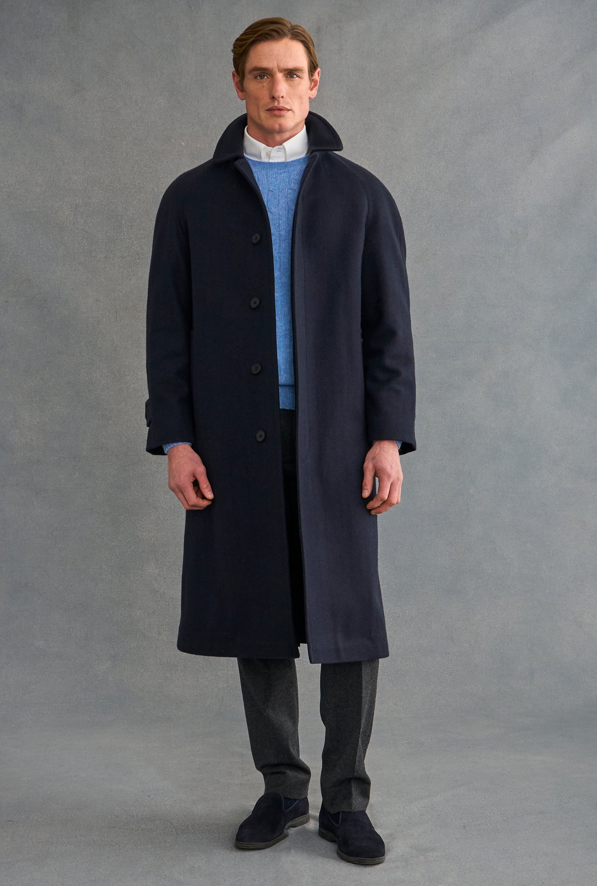 Navy Herringbone Raglan Sleeve Overcoat