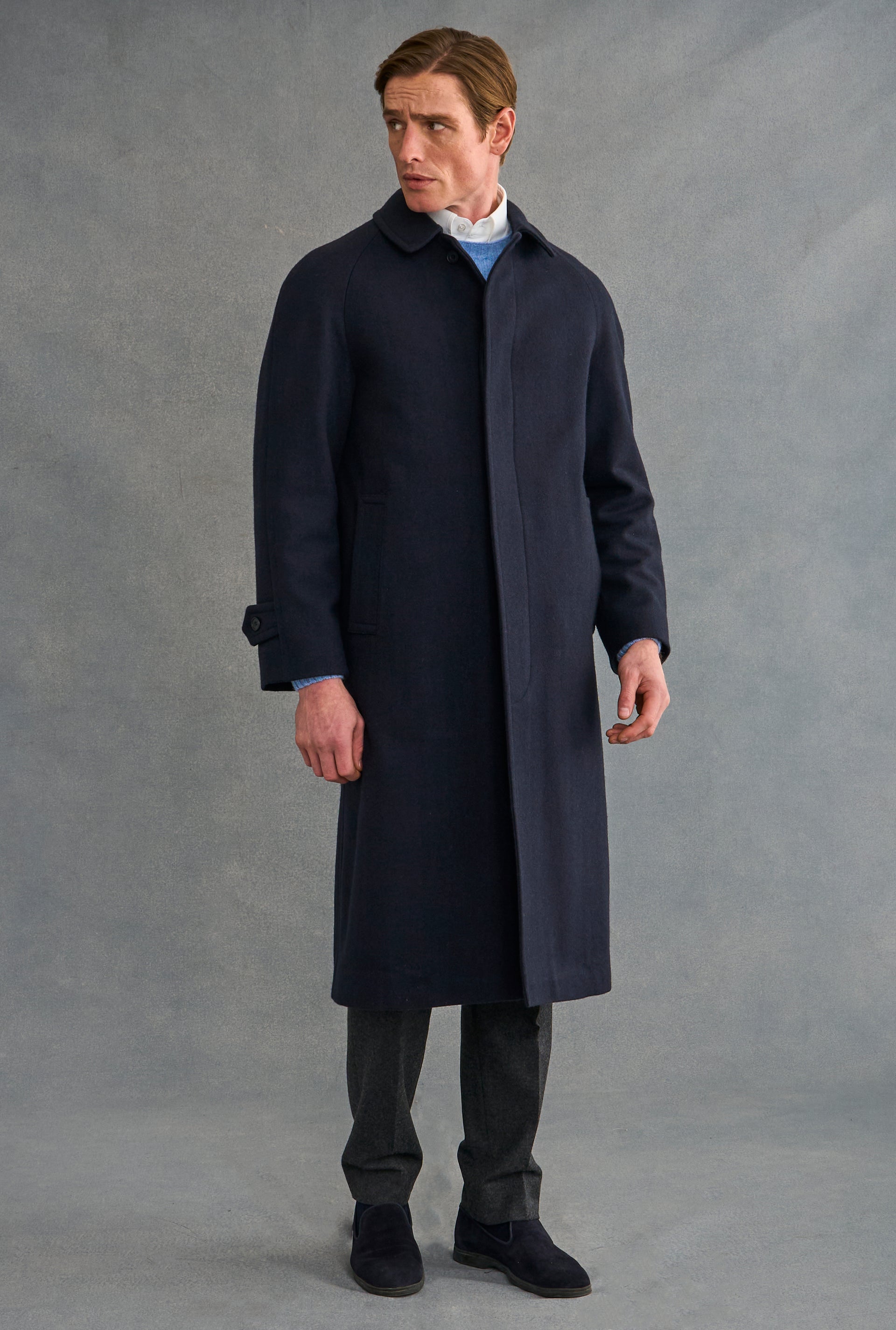 Navy Herringbone Raglan Sleeve Overcoat