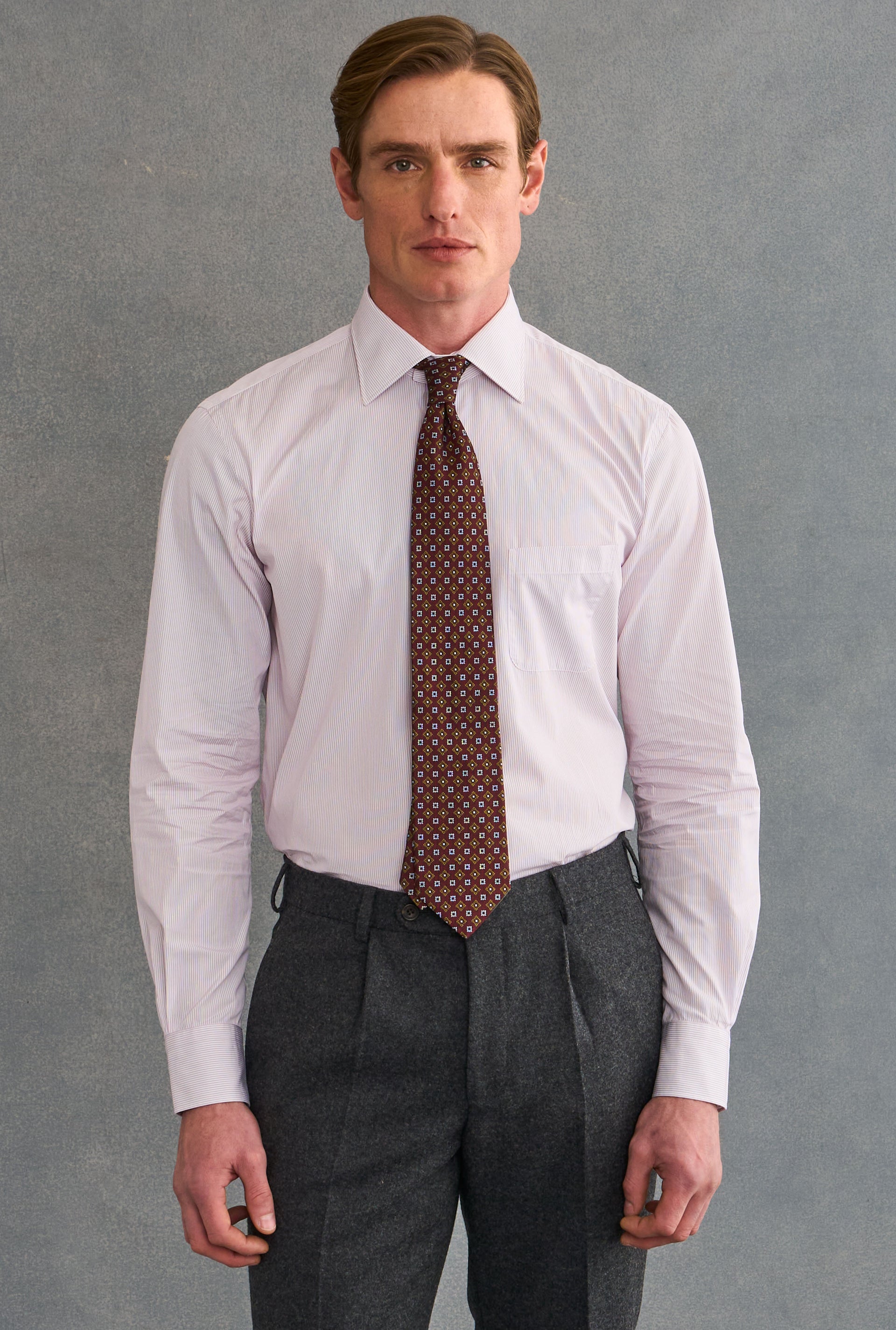 Purple & White Pencil Stripe Detachable Collar Standard Fit Poplin Shirt