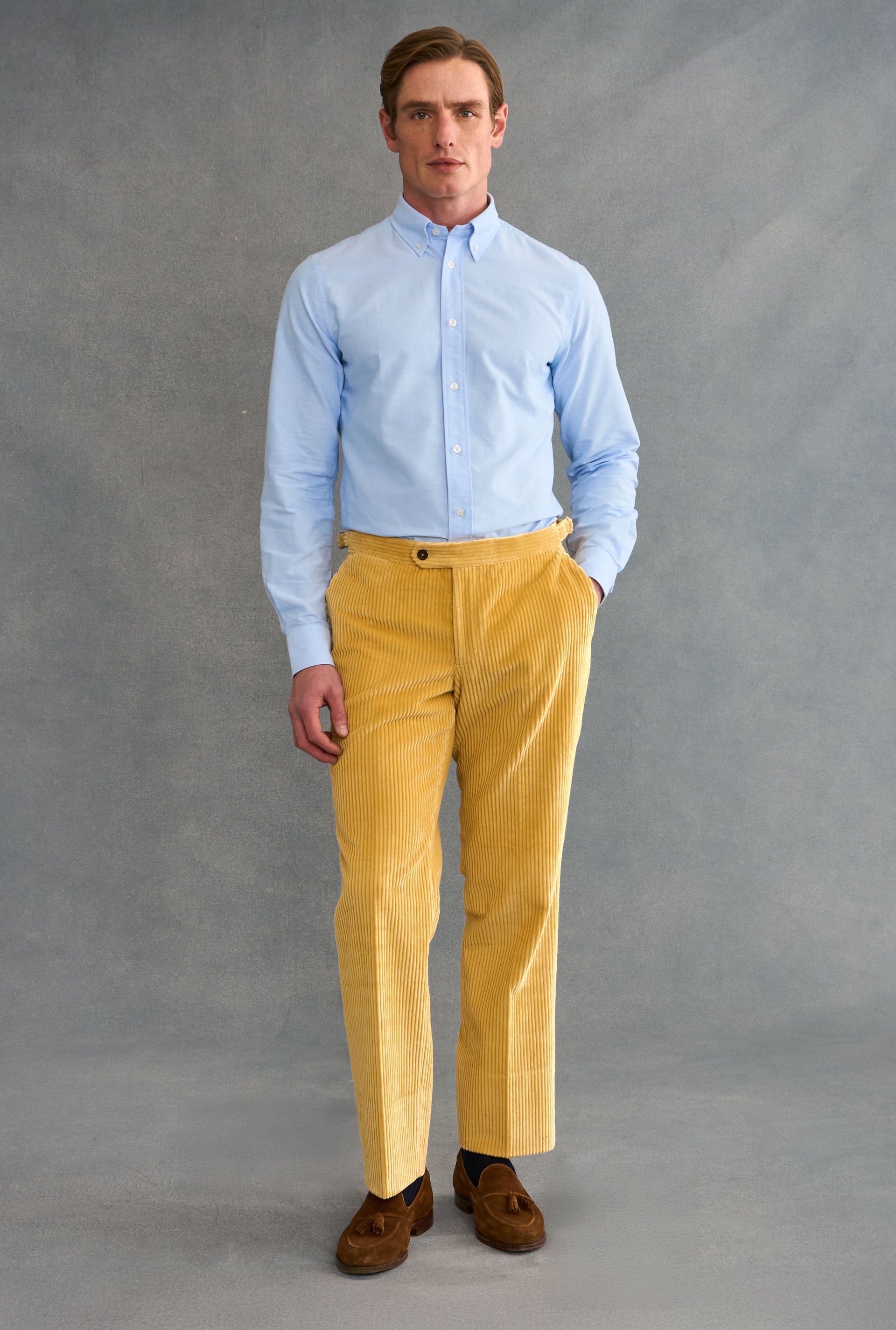 Yellow Flat Front 5 Wale Corduroy Trousers