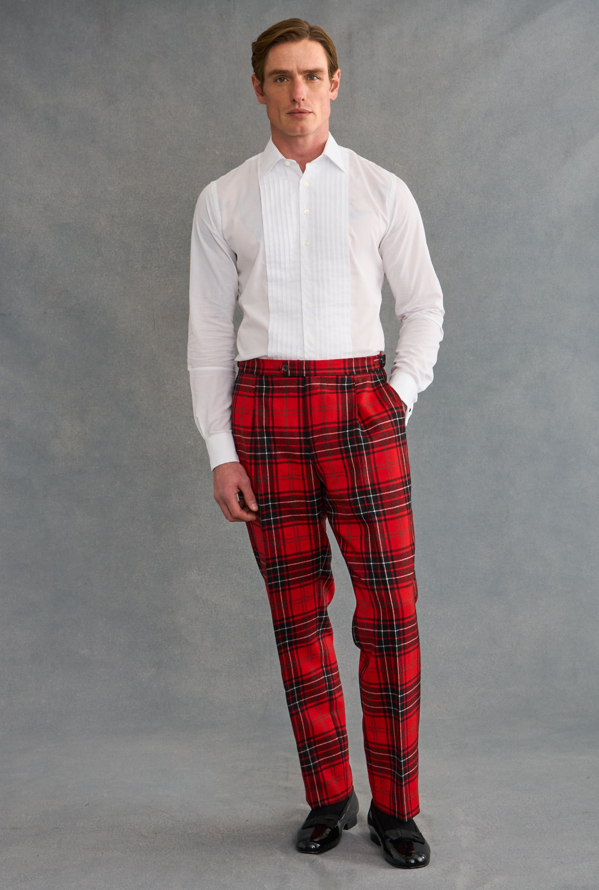 Red Single Pleat Tartan Wool Trousers