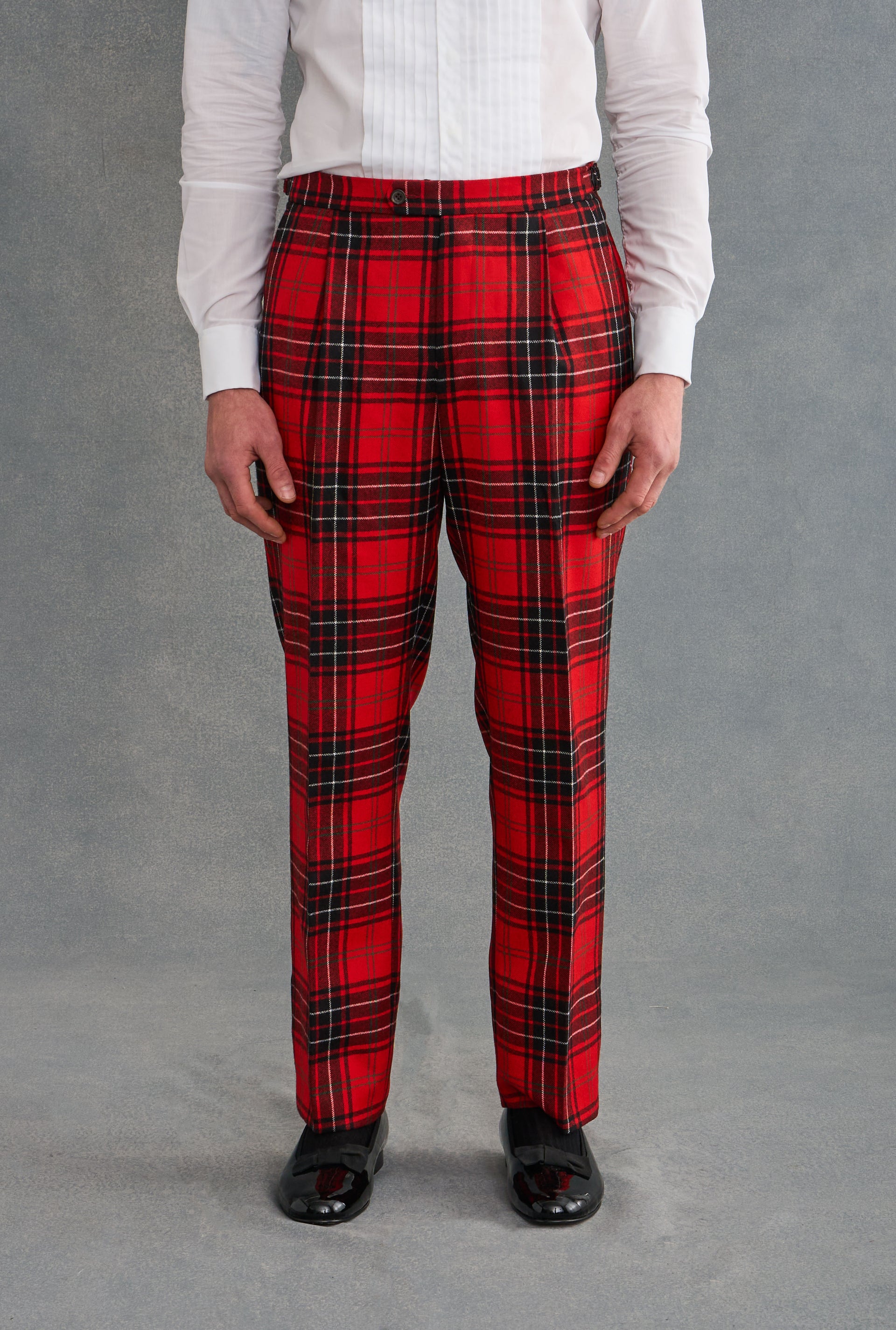 Red Single Pleat Tartan Wool Trousers