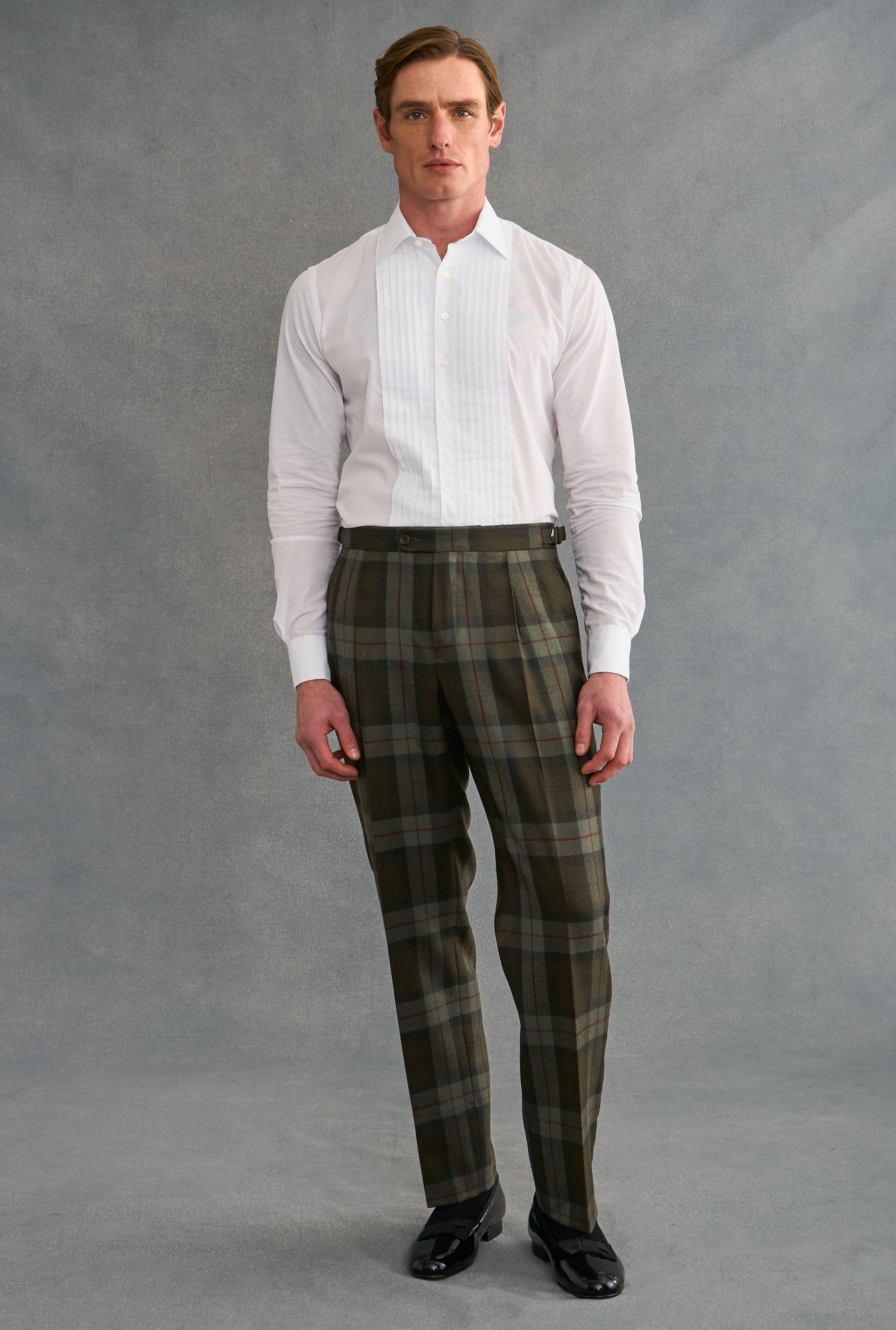 Green Single Pleat Tartan Wool Trousers