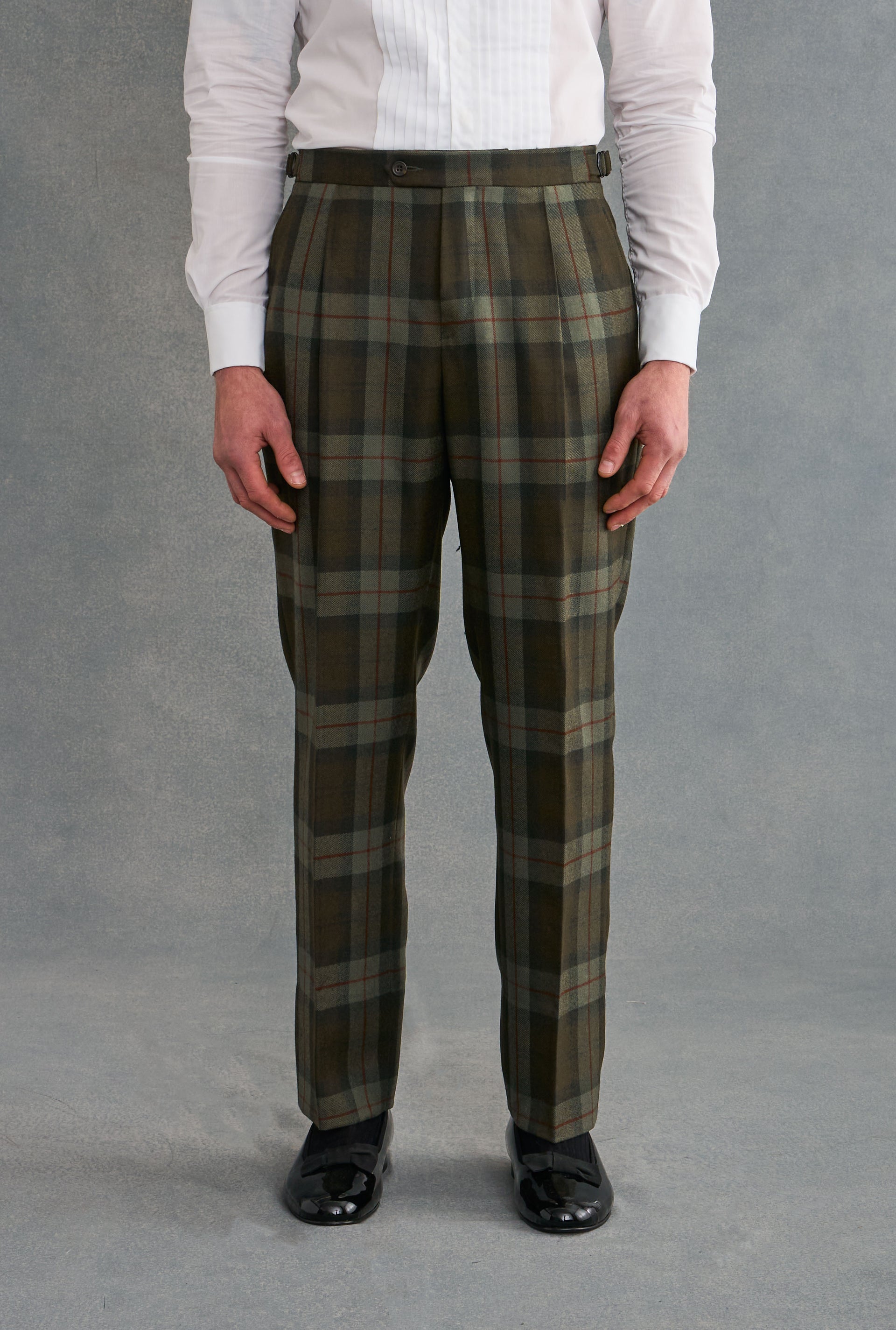 Green Single Pleat Tartan Wool Trousers