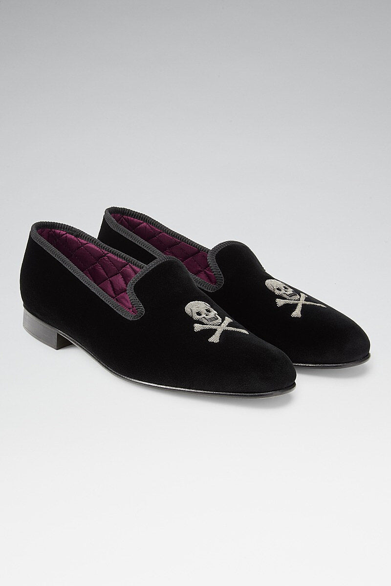 Black Skull & Crossbones Velvet Slippers