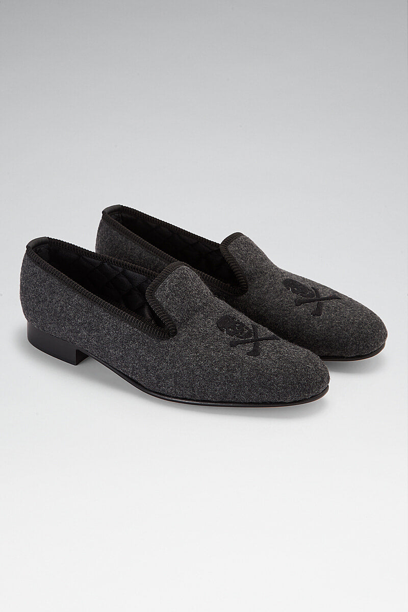 Grey Skull & Crossbones Embroidered Flannel Slippers