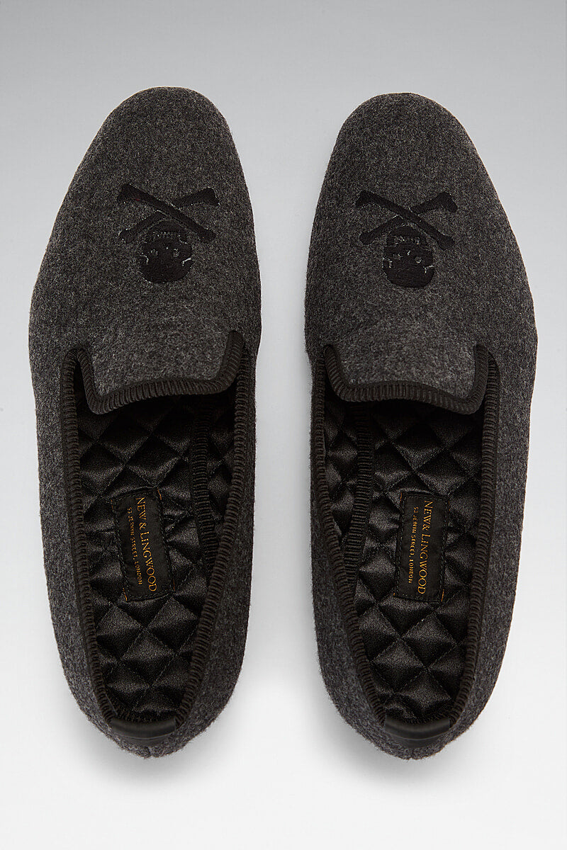 Grey Skull & Crossbones Embroidered Flannel Slippers