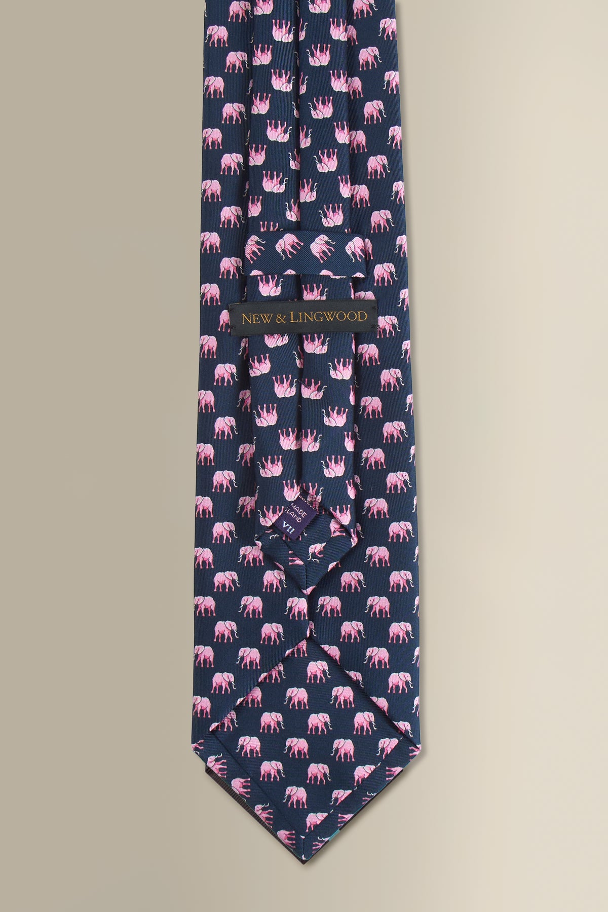 Navy & Pink Elephant Printed Silk Tie