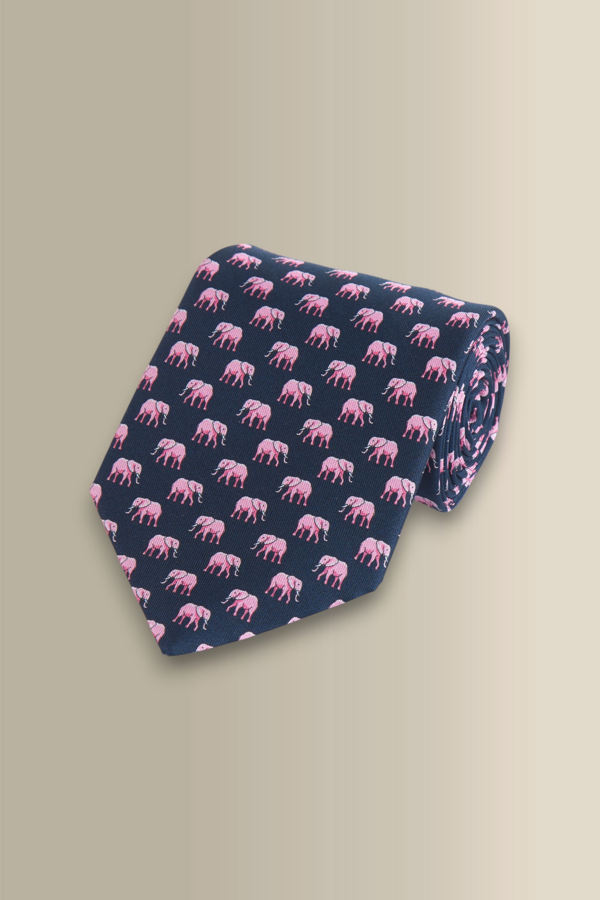 Navy & Pink Elephant Printed Silk Tie