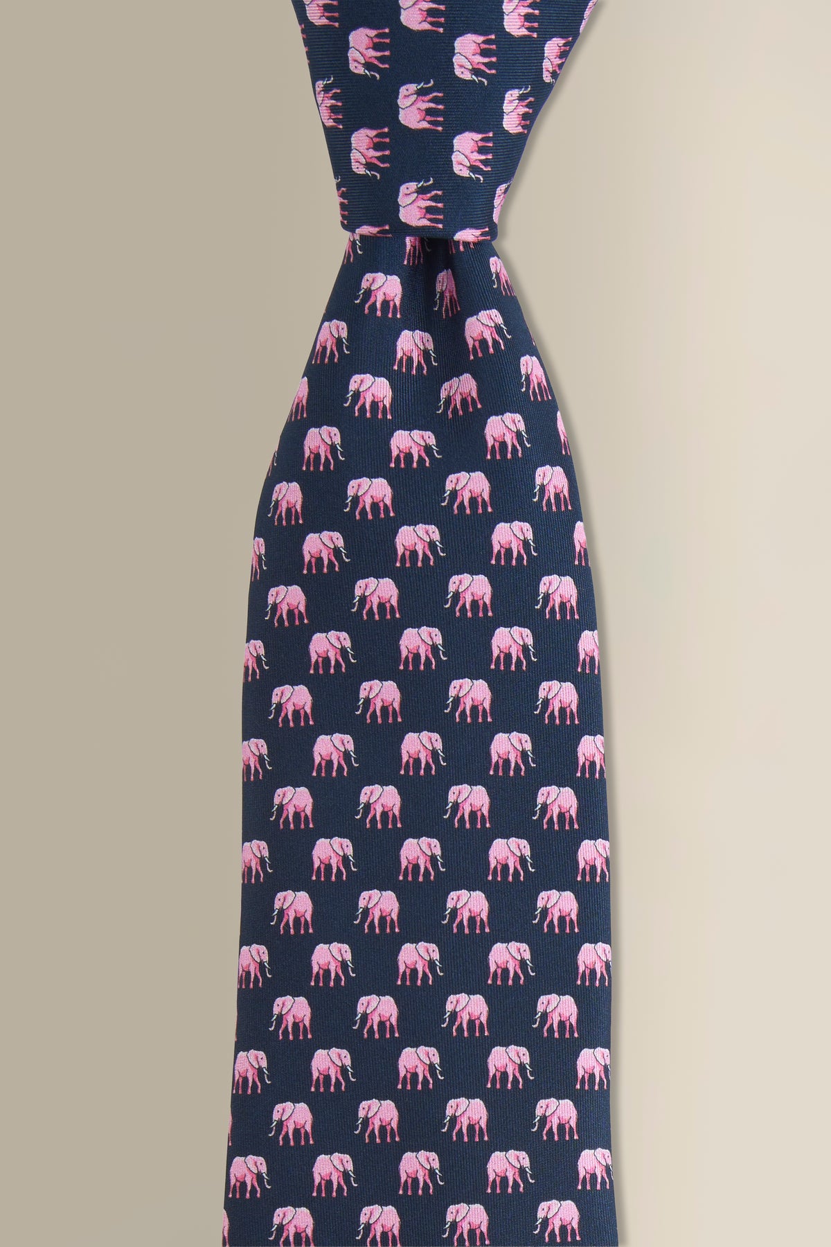 Navy & Pink Elephant Printed Silk Tie