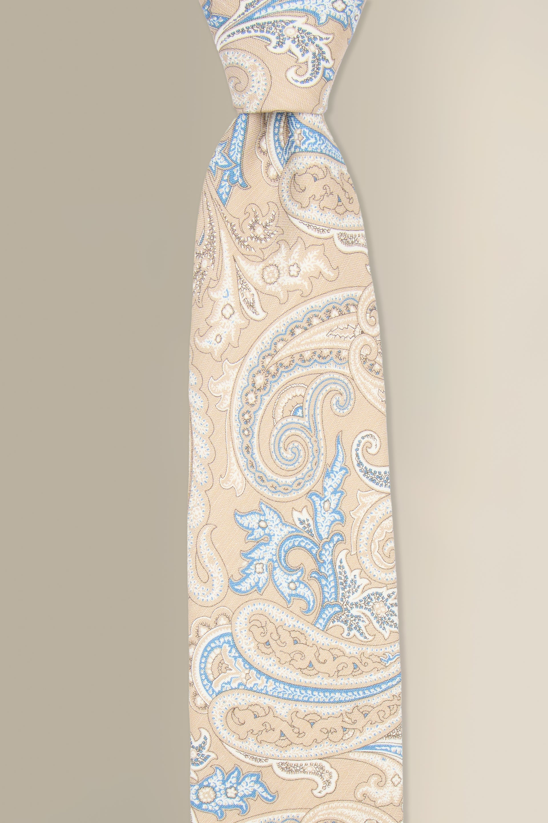 Tan Paisley Printed Linen & Silk Tie