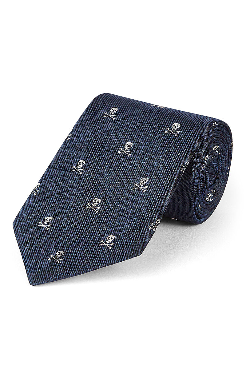 Navy & Cream Skull & Crossbones Silk Tie