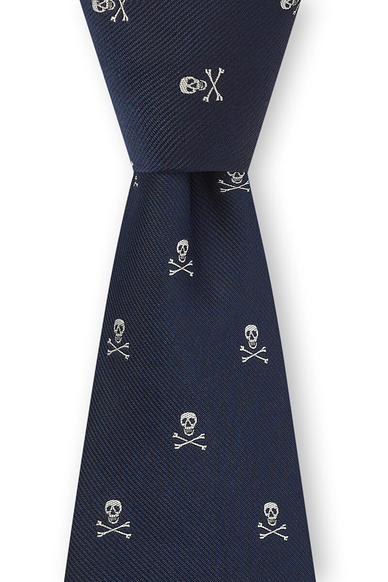 Navy & Cream Skull & Crossbones Silk Tie
