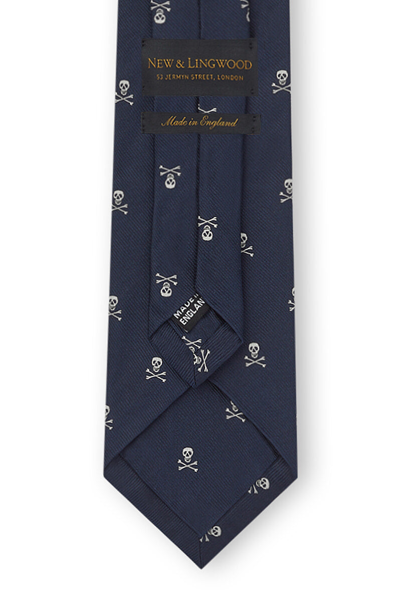 Navy & Cream Skull & Crossbones Silk Tie