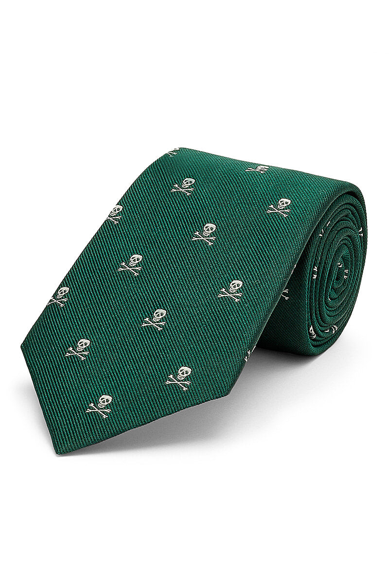 Green & Silver Skull & Crossbones Silk Tie