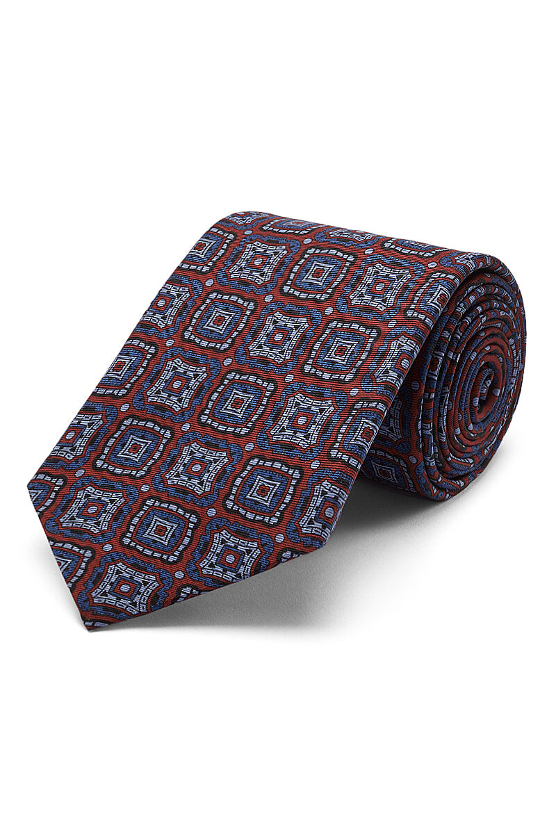 Red & Blue Diagonal Medallion Printed Silk Tie