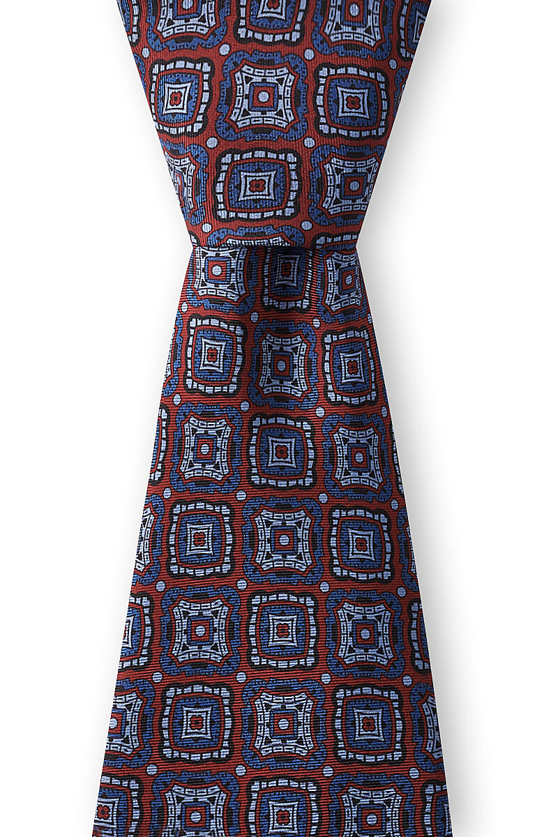 Red & Blue Diagonal Medallion Printed Silk Tie