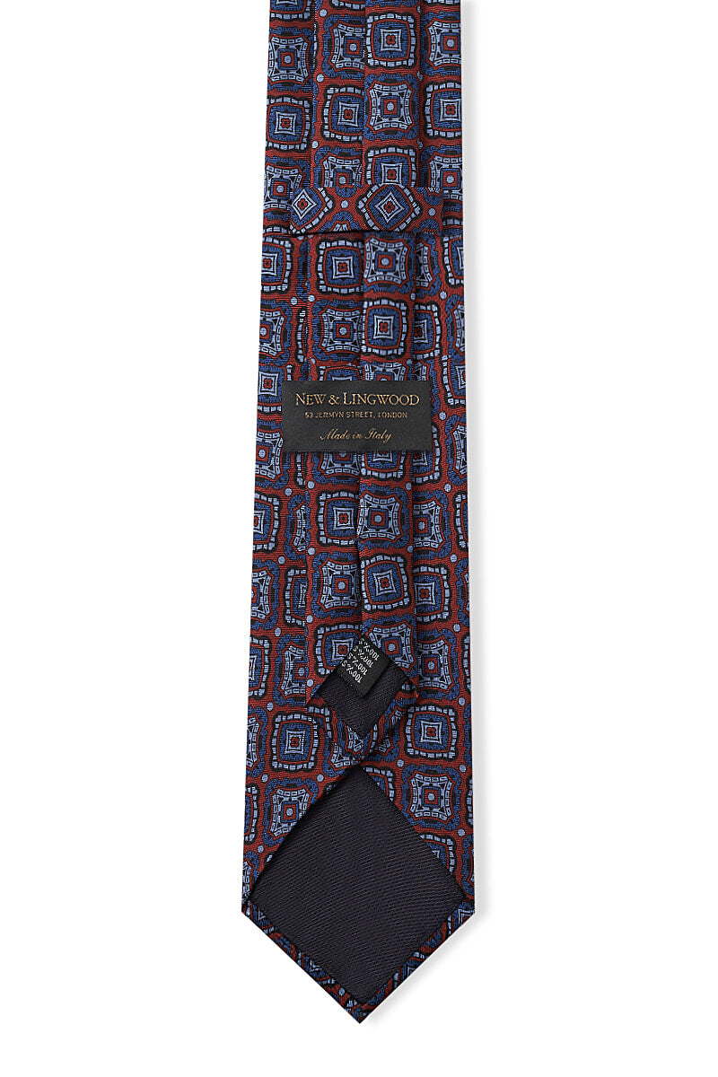 Red & Blue Diagonal Medallion Printed Silk Tie