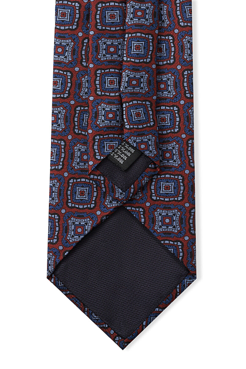 Red & Blue Diagonal Medallion Printed Silk Tie