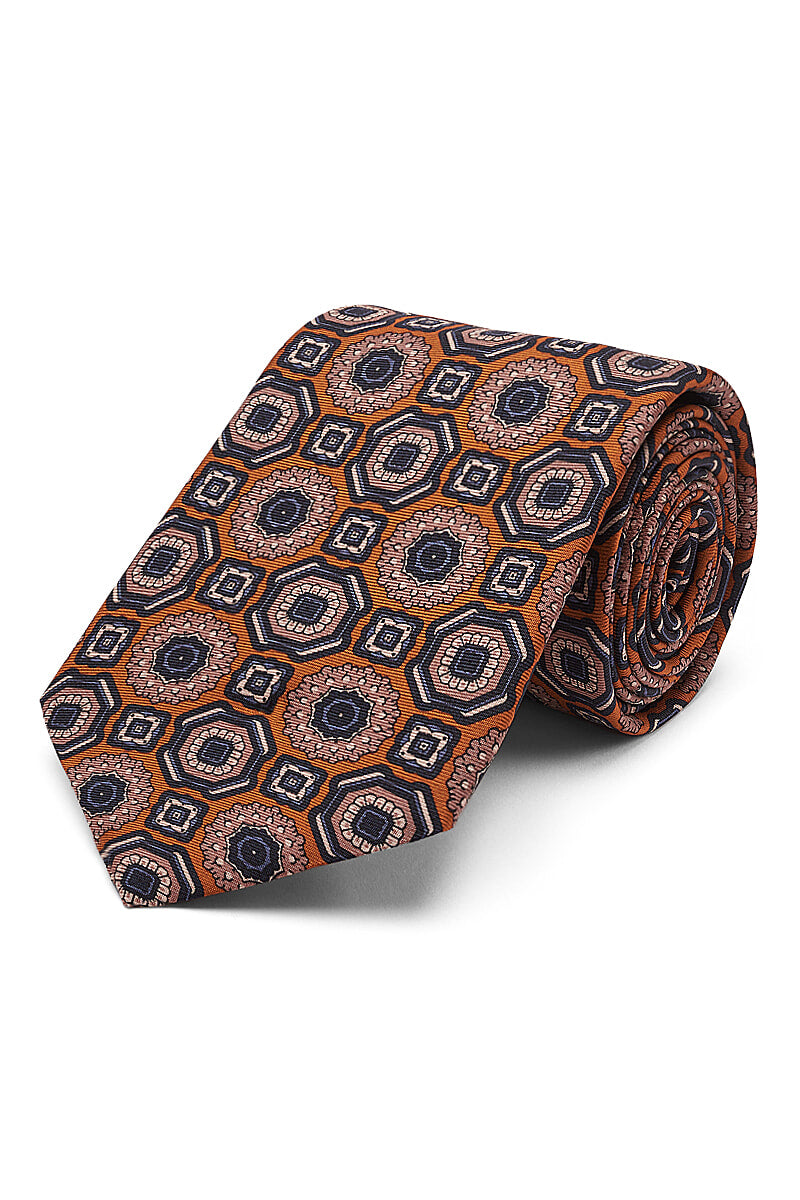 Orange & Navy Medallion Printed Silk Tie