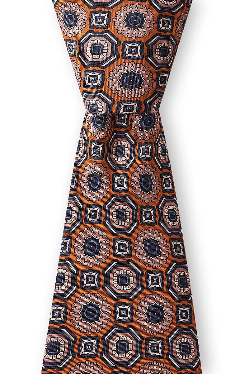 Orange & Navy Medallion Printed Silk Tie