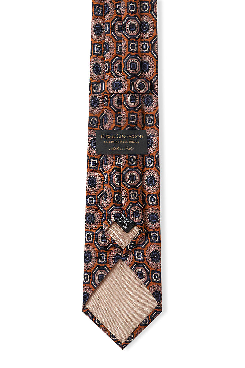 Orange & Navy Medallion Printed Silk Tie